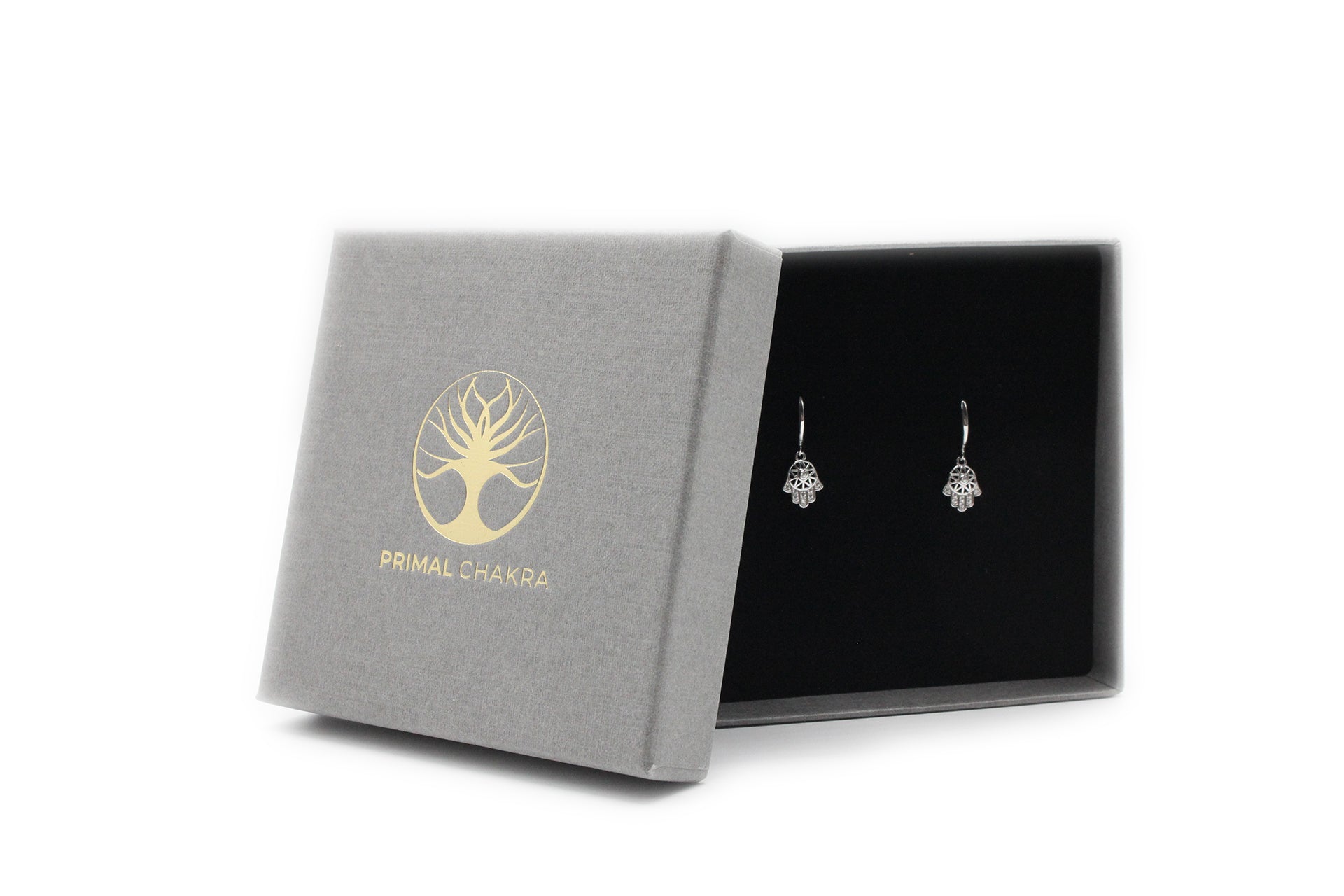 Platinum Plated Hamsa Hand Cut Out Drop Earrings With White Zirconia Embellishment Primal Chakra