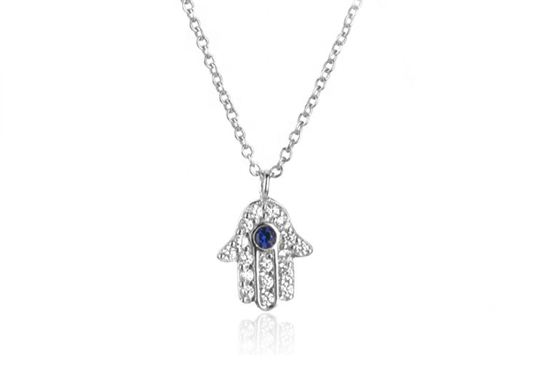 Platinum Plated Hamsa Necklace With Blue Cubic Zirconia and White Zirconia Embellishment Primal Chakra