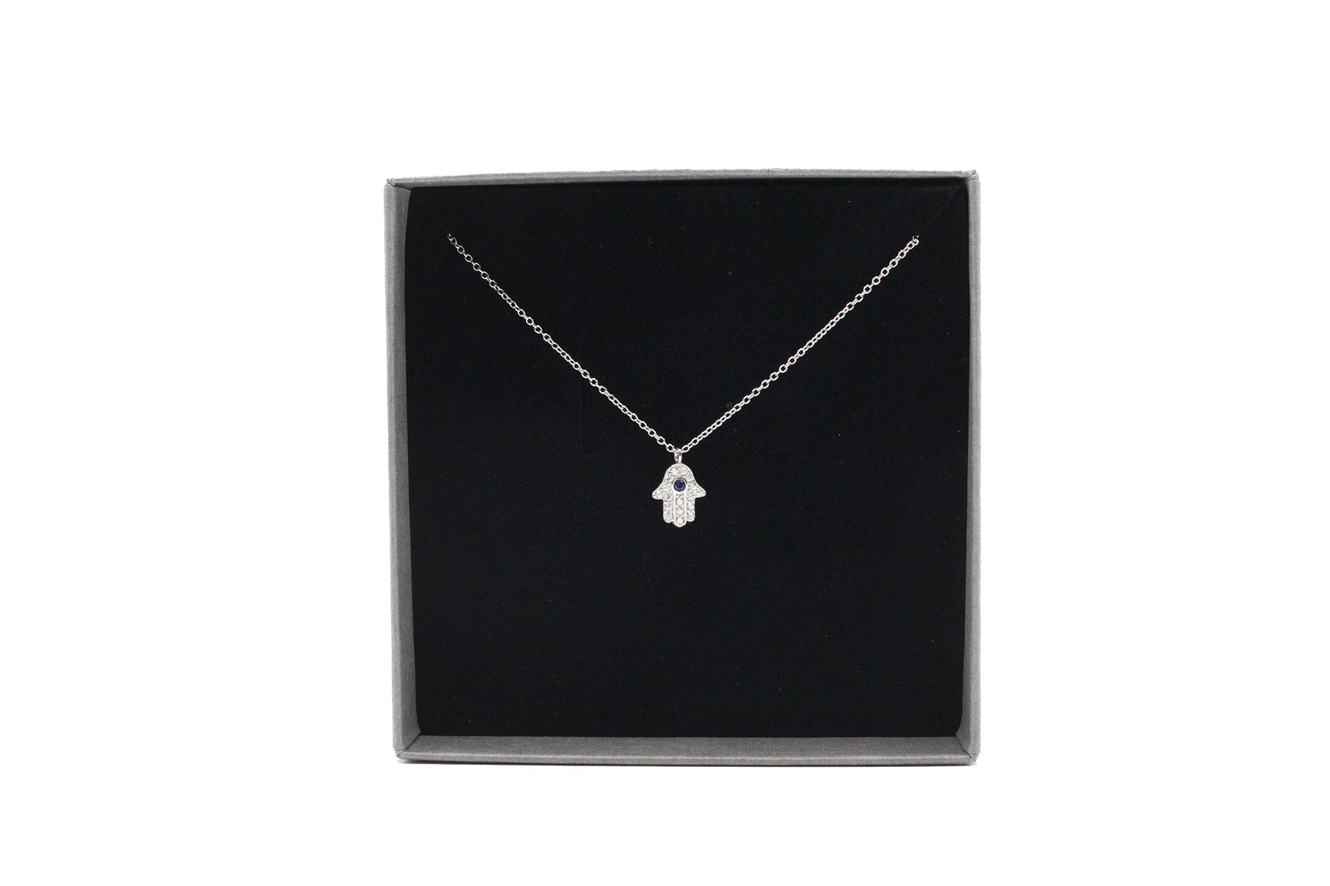 Platinum Plated Hamsa Necklace With Blue Cubic Zirconia and White Zirconia Embellishment Primal Chakra