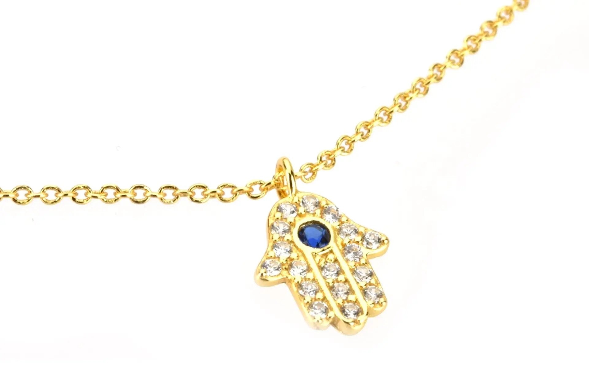 18K Gold Plated Hamsa Necklace With Blue Cubic Zirconia and White Zirconia Embellishment Primal Chakra