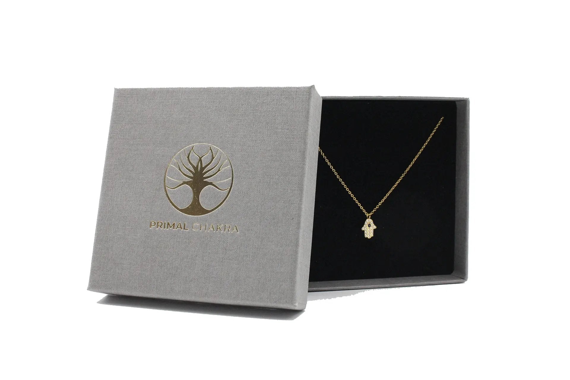 18K Gold Plated Hamsa Necklace With Blue Cubic Zirconia and White Zirconia Embellishment Primal Chakra