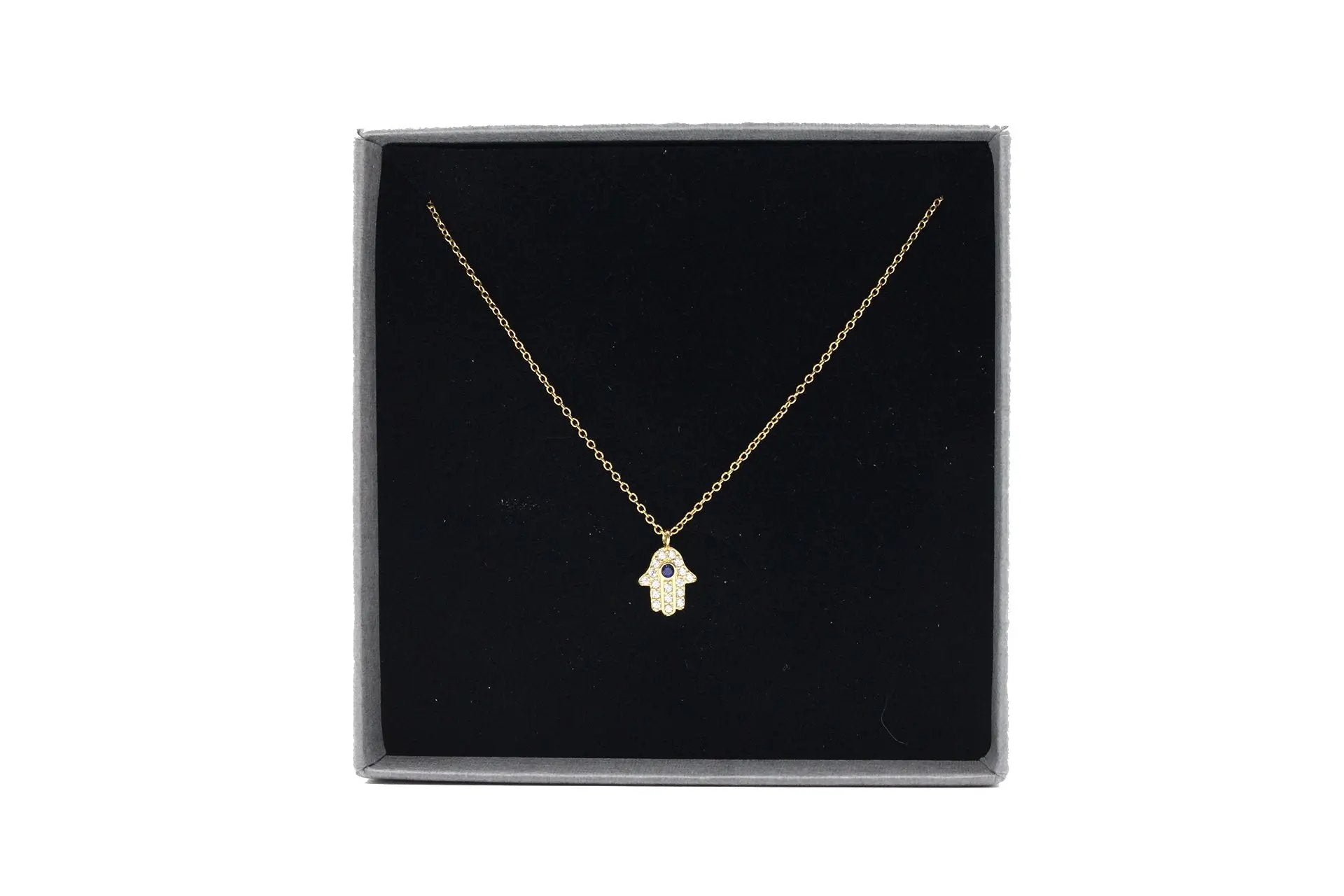 18K Gold Plated Hamsa Necklace With Blue Cubic Zirconia and White Zirconia Embellishment Primal Chakra