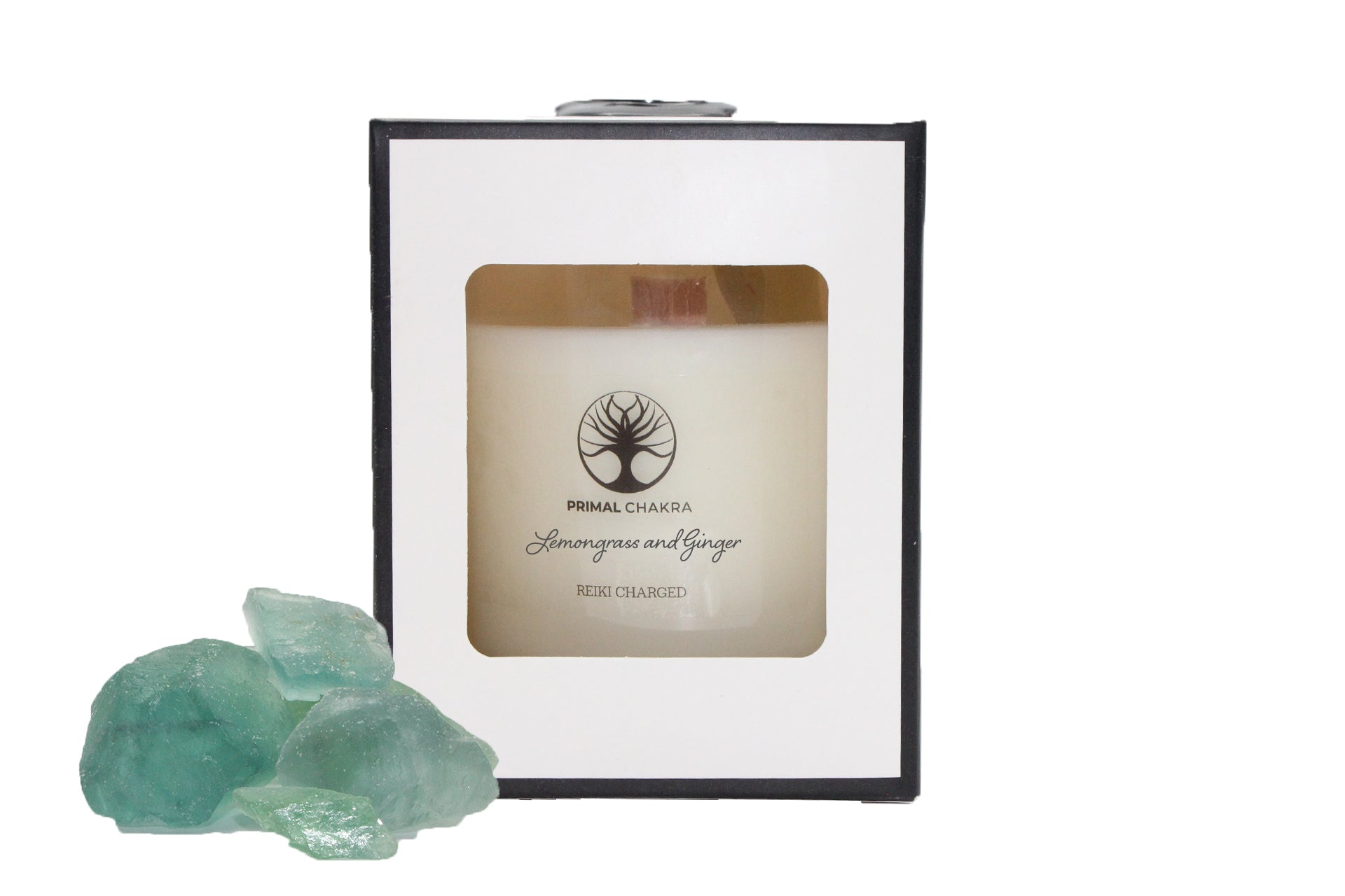 Lemongrass & Ginger 30cl Reiki Energy Charged Scented Candle with Green Fluorite Crystal Primal Chakra