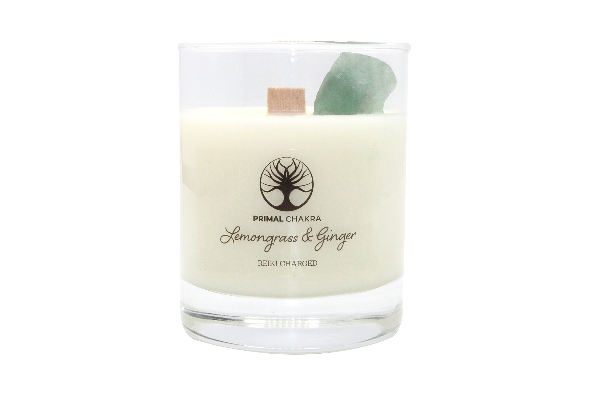 Lemongrass & Ginger 30cl Reiki Energy Charged Scented Candle with Green Fluorite Crystal Primal Chakra