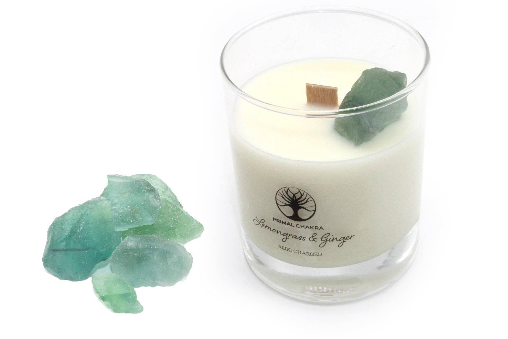 Lemongrass & Ginger 30cl Reiki Energy Charged Scented Candle with Green Fluorite Crystal Primal Chakra