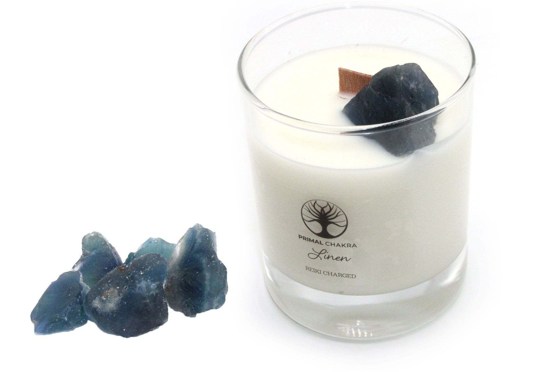 Linen 30cl Reiki Energy Charged Scented Candle with Blue Fluorite Crystal Primal Chakra