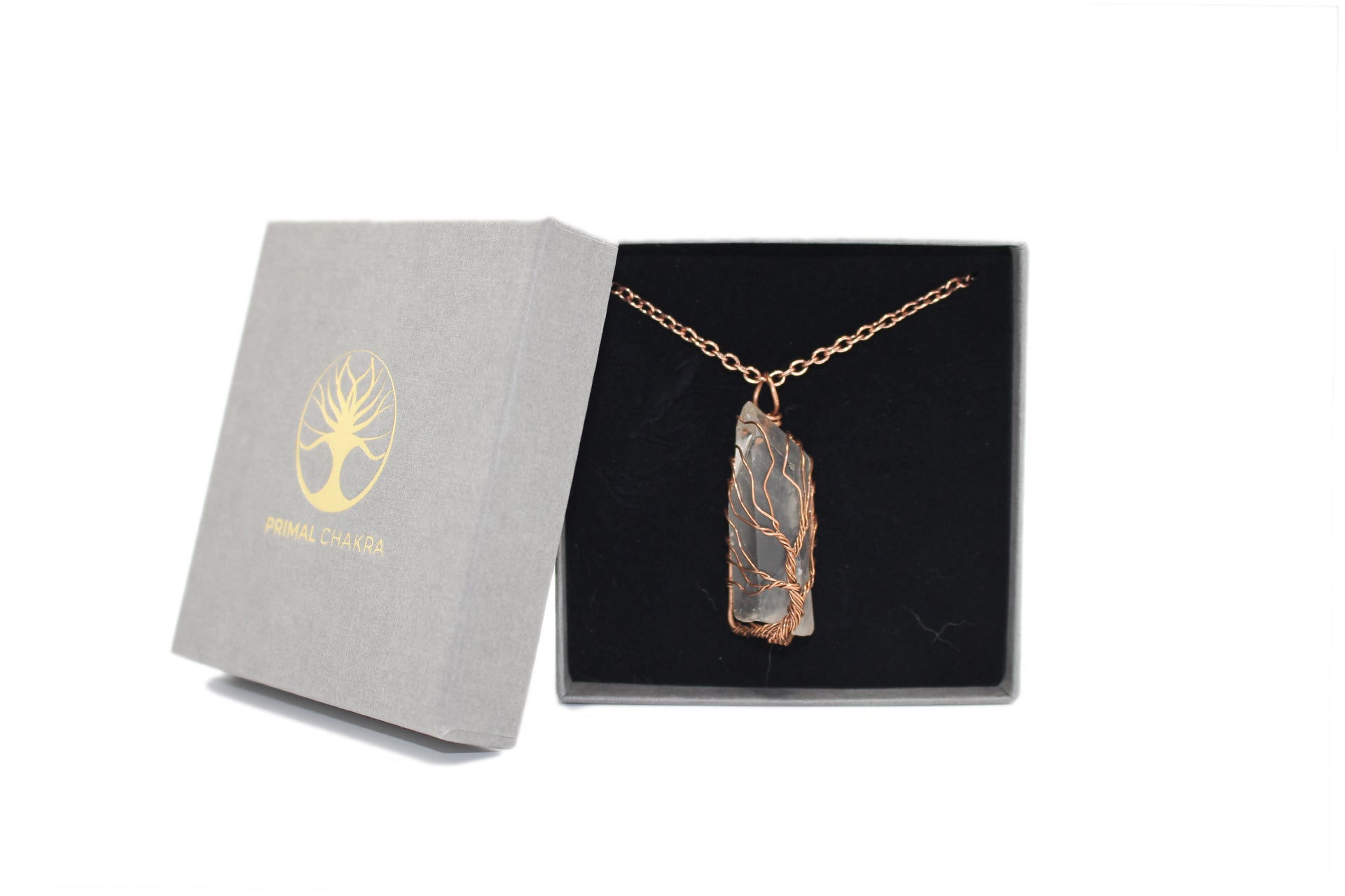 Raw Clear Quartz Crystal Tree Of Life Pendant with Golden Chain Primal Chakra