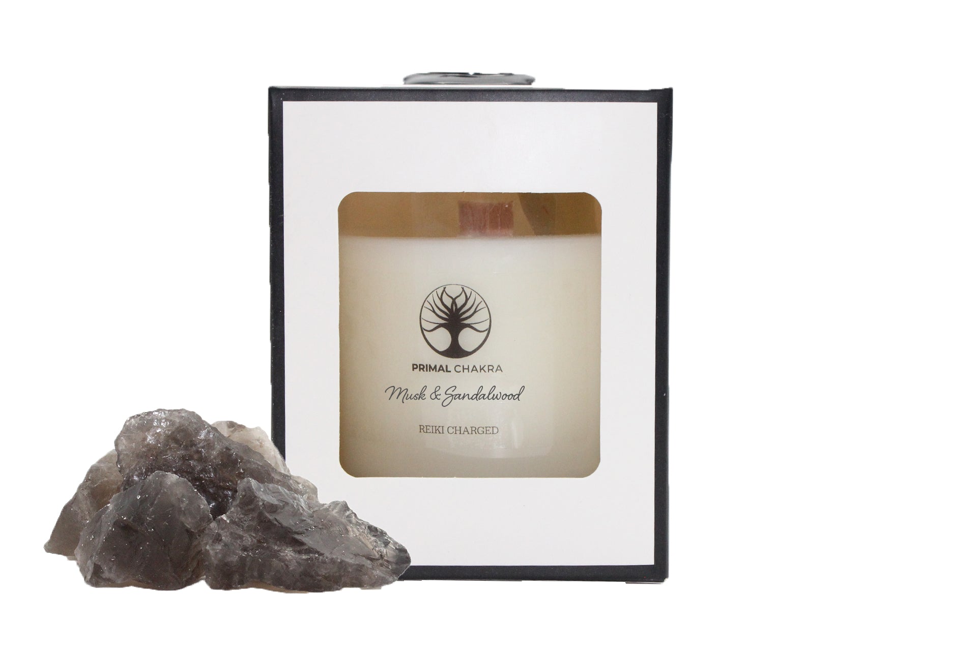 Musk & Sandalwood 30cl Reiki Energy Charged Scented Candle with Smoky Quartz Crystal Primal Chakra