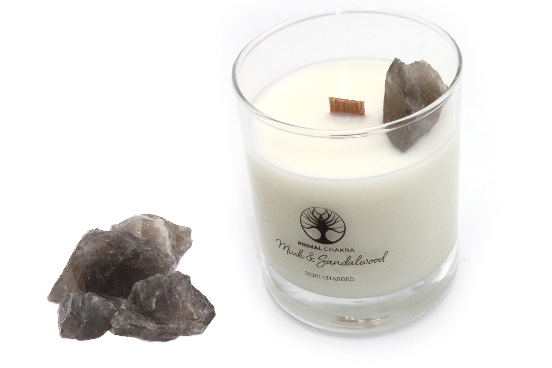 Musk & Sandalwood 30cl Reiki Energy Charged Scented Candle with Smoky Quartz Crystal Primal Chakra