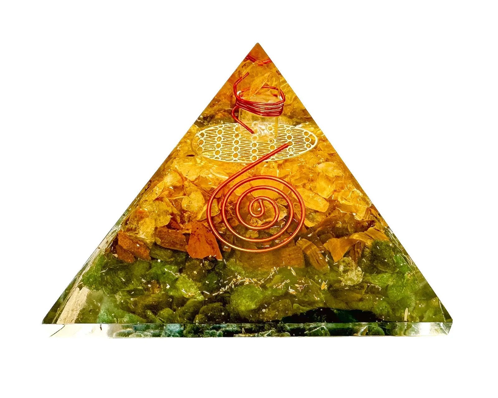 3 Layer Reiki Charged Orgone Pyramid. Green Jade, Tiger Eye & Yellow Citrine Primal Chakra