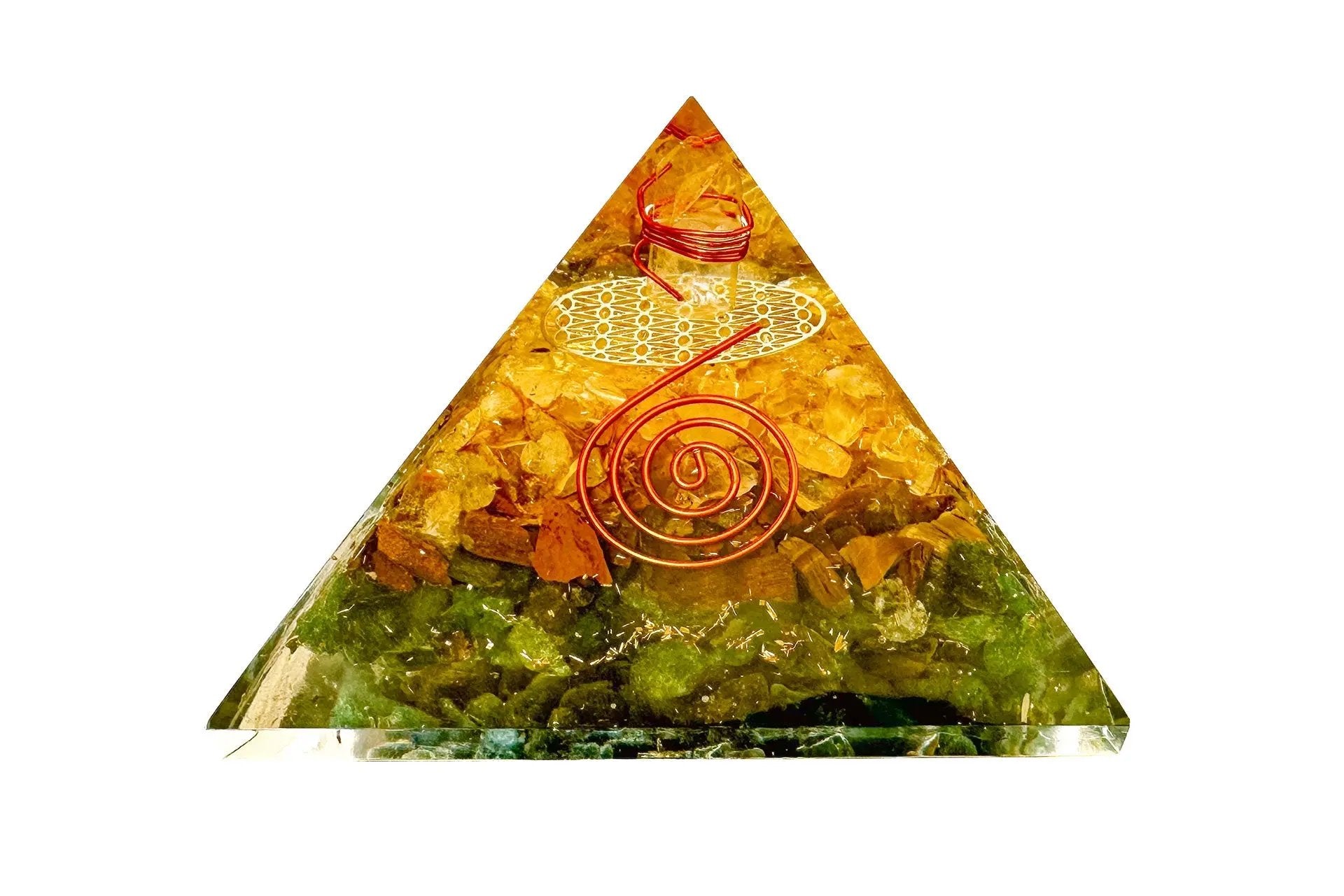 3 Layer Reiki Charged Orgone Pyramid. Green Jade, Tiger Eye & Yellow Citrine Primal Chakra