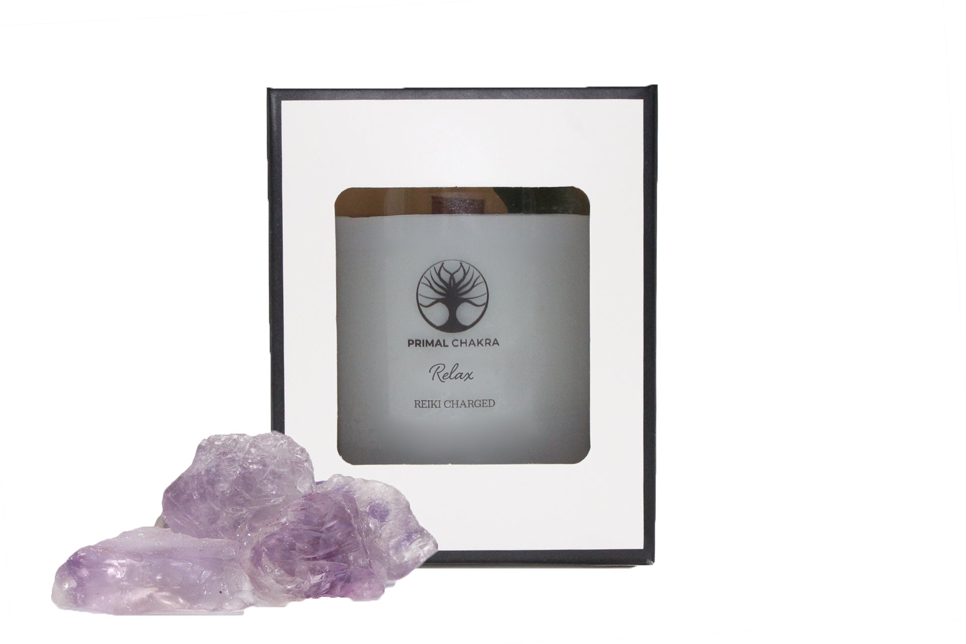 Relax 30cl Reiki Energy Charged Scented Candle with Purple Amethyst Crystal - Spa Range Primal Chakra