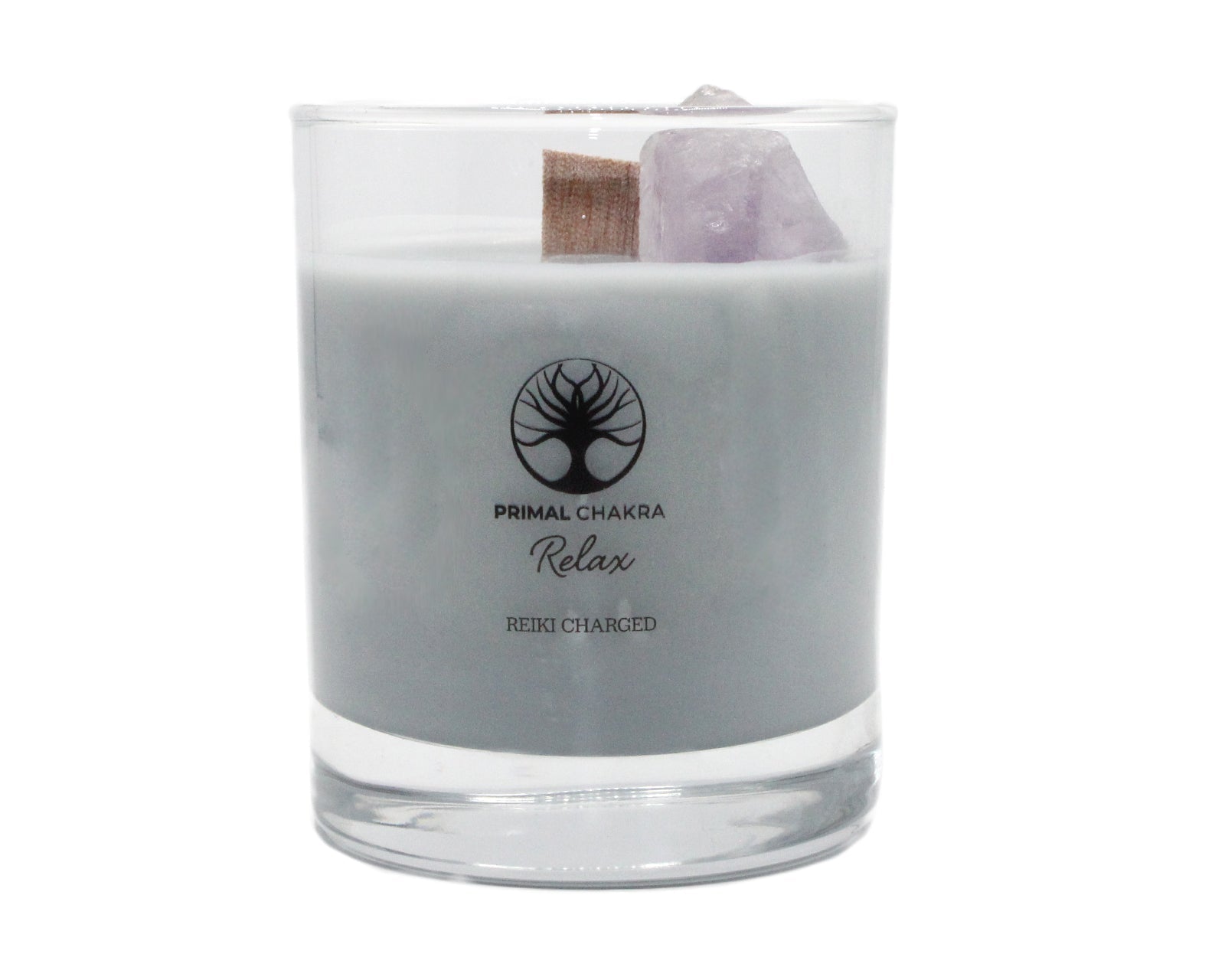 Relax 30cl Reiki Energy Charged Scented Candle with Purple Amethyst Crystal - Spa Range Primal Chakra