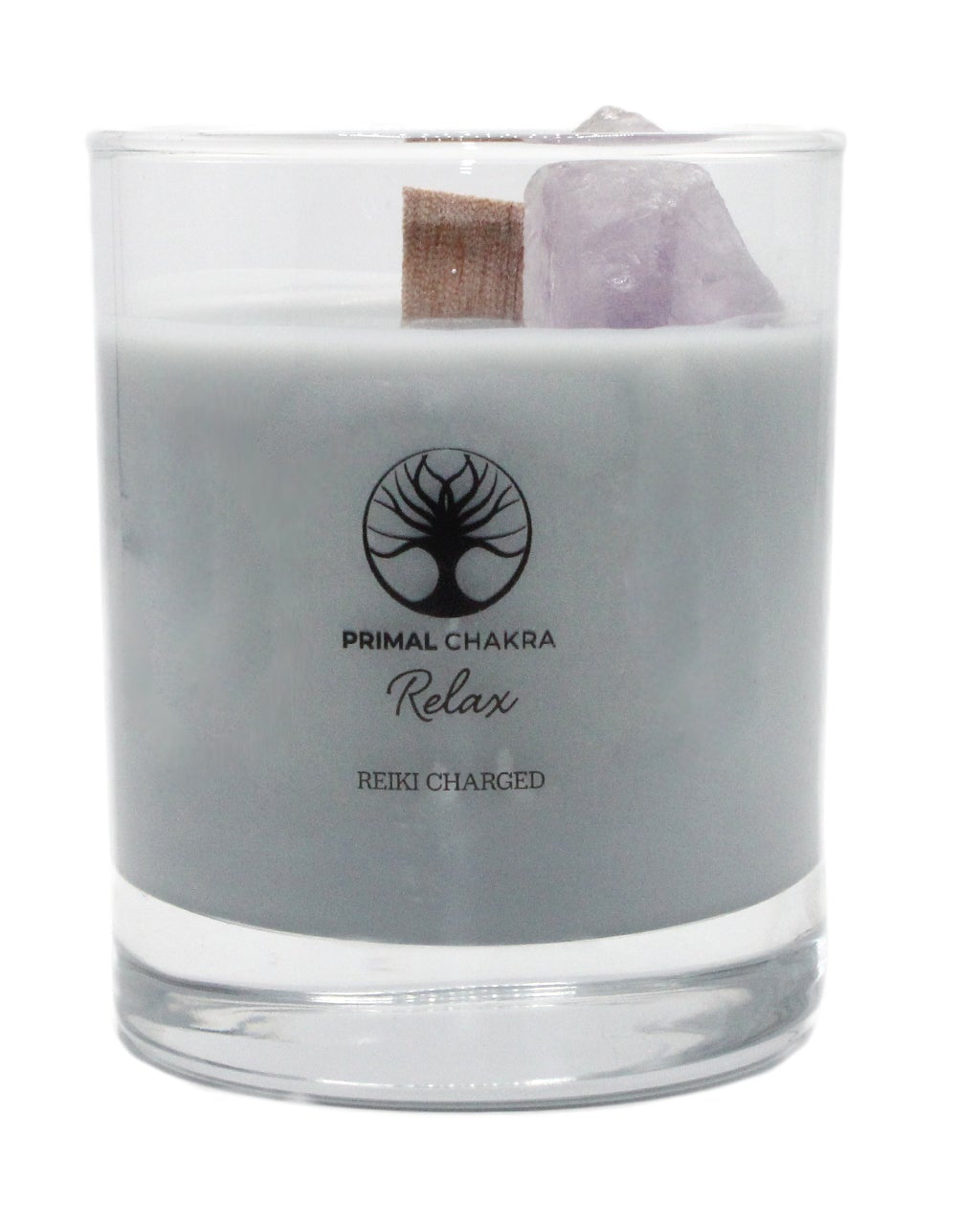 Relax 30cl Reiki Energy Charged Scented Candle with Purple Amethyst Crystal  - Spa Range Primal Chakra