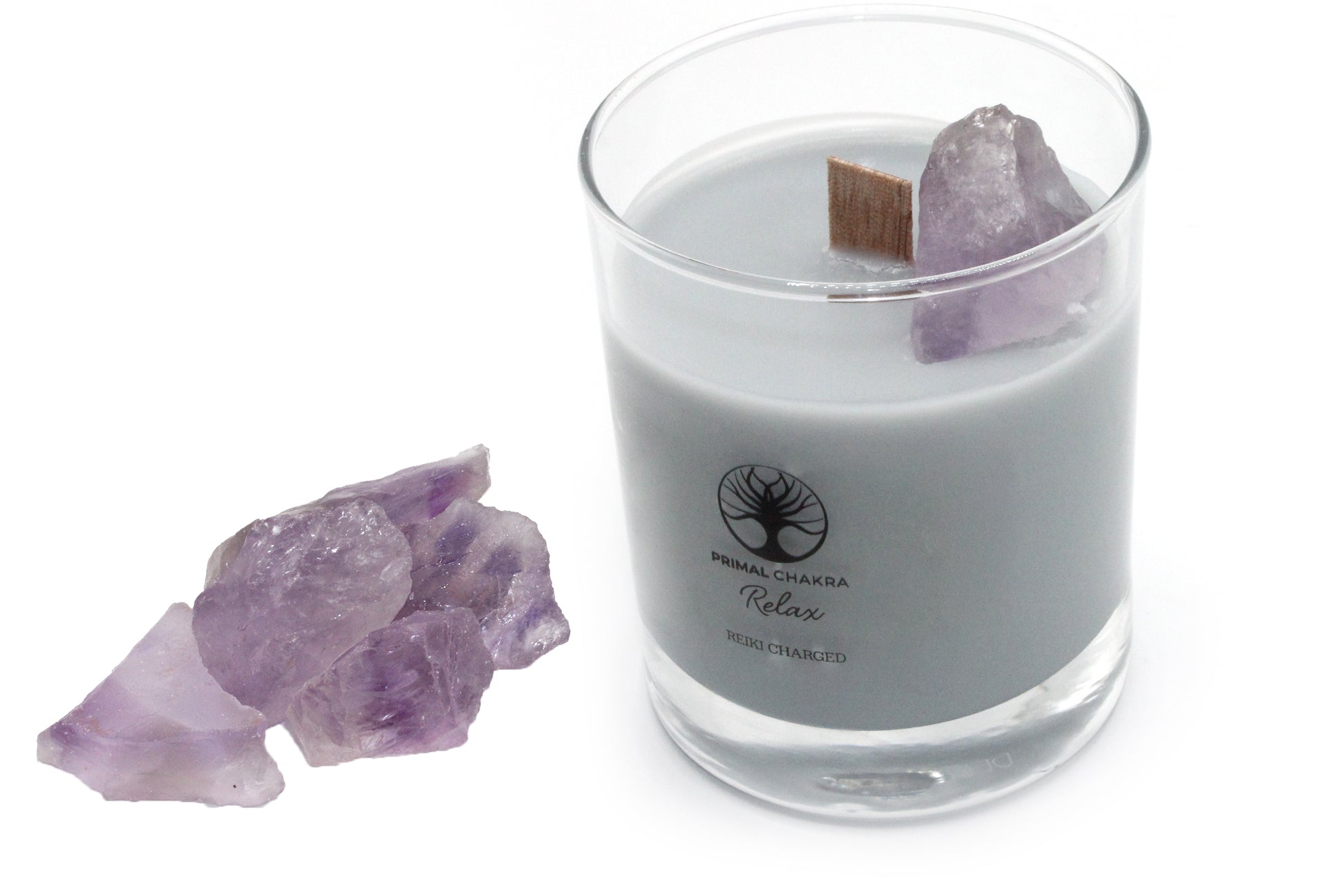 Relax 30cl Reiki Energy Charged Scented Candle with Purple Amethyst Crystal - Spa Range Primal Chakra