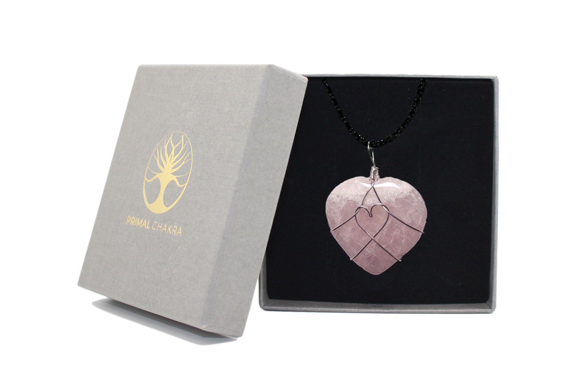Rose Quartz Heart Pendant with Black Fabric Cord Primal Chakra