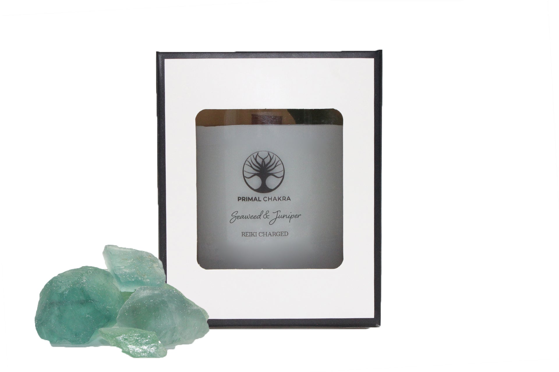 Seaweed & Juniper 30cl Reiki Energy Charged Scented Candle with Green Fluorite Crystal - Spa Range Primal Chakra