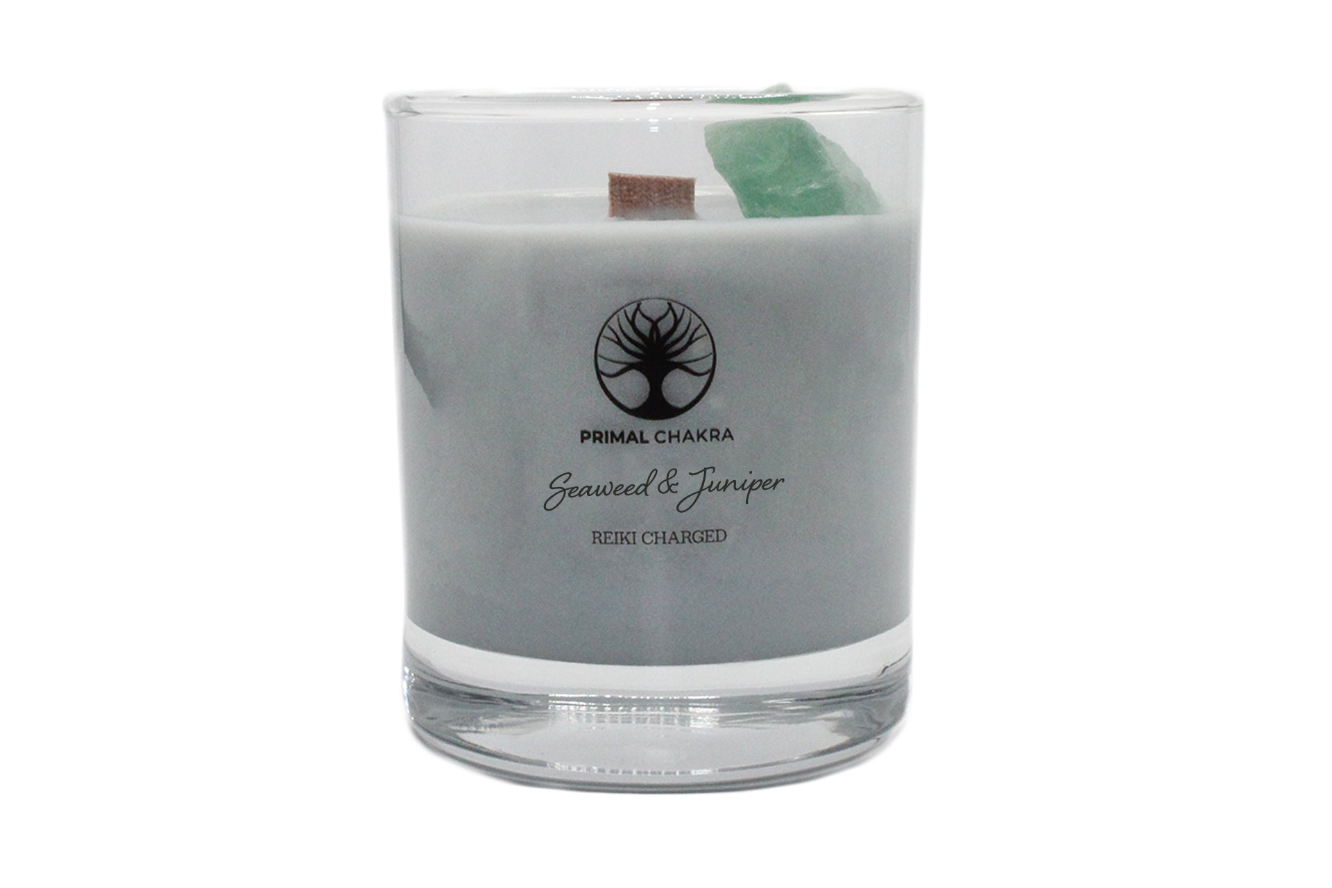 Seaweed & Juniper 30cl Reiki Energy Charged Scented Candle with Green Fluorite Crystal - Spa Range Primal Chakra