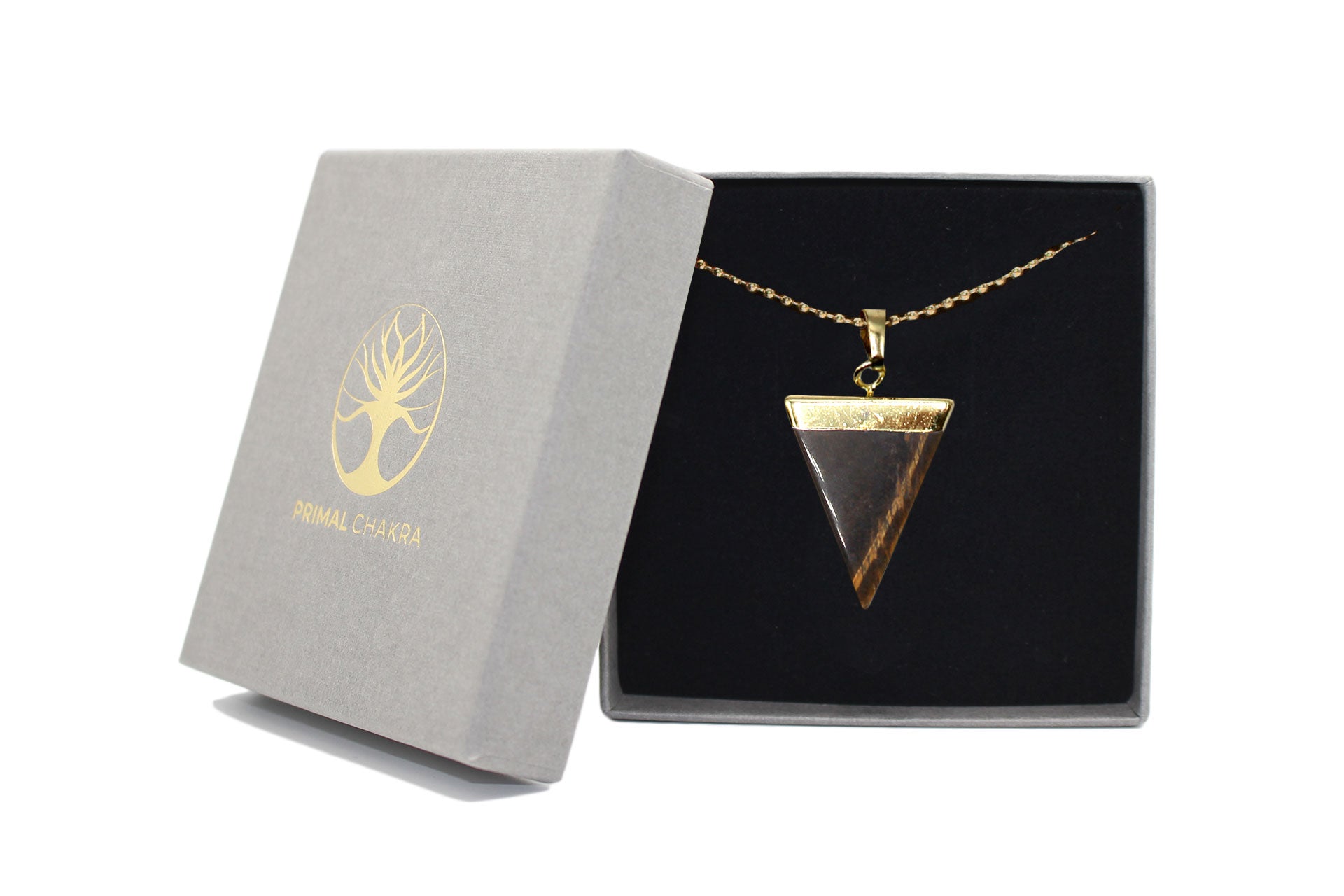 Tiger Eye Triangle Pendant with Gold Chain Primal Chakra