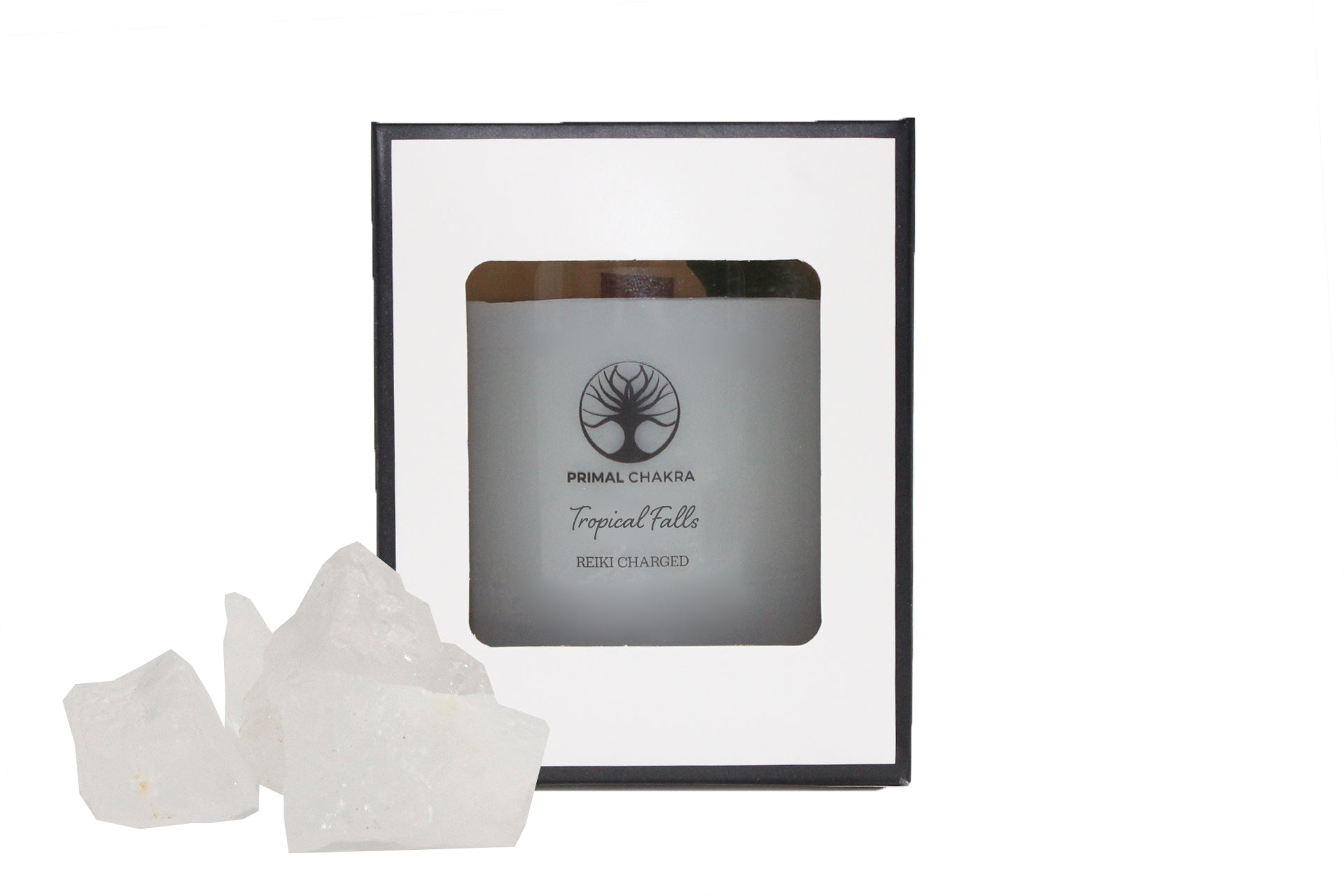 Tropical Falls 30cl Reiki Energy Charged Scented Candle with Raw Clear Quartz Crystal - Spa Range Primal Chakra