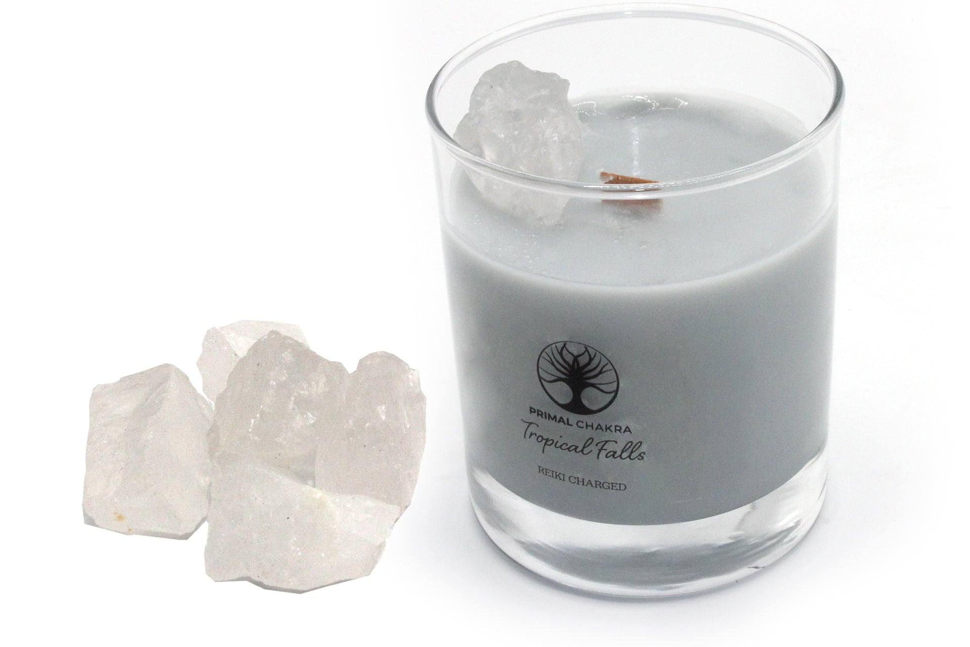 Tropical Falls 30cl Reiki Energy Charged Scented Candle with Raw Clear Quartz Crystal - Spa Range Primal Chakra