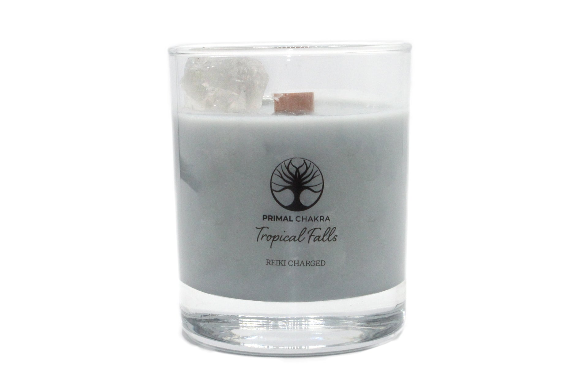 Tropical Falls 30cl Reiki Energy Charged Scented Candle with Raw Clear Quartz Crystal - Spa Range Primal Chakra