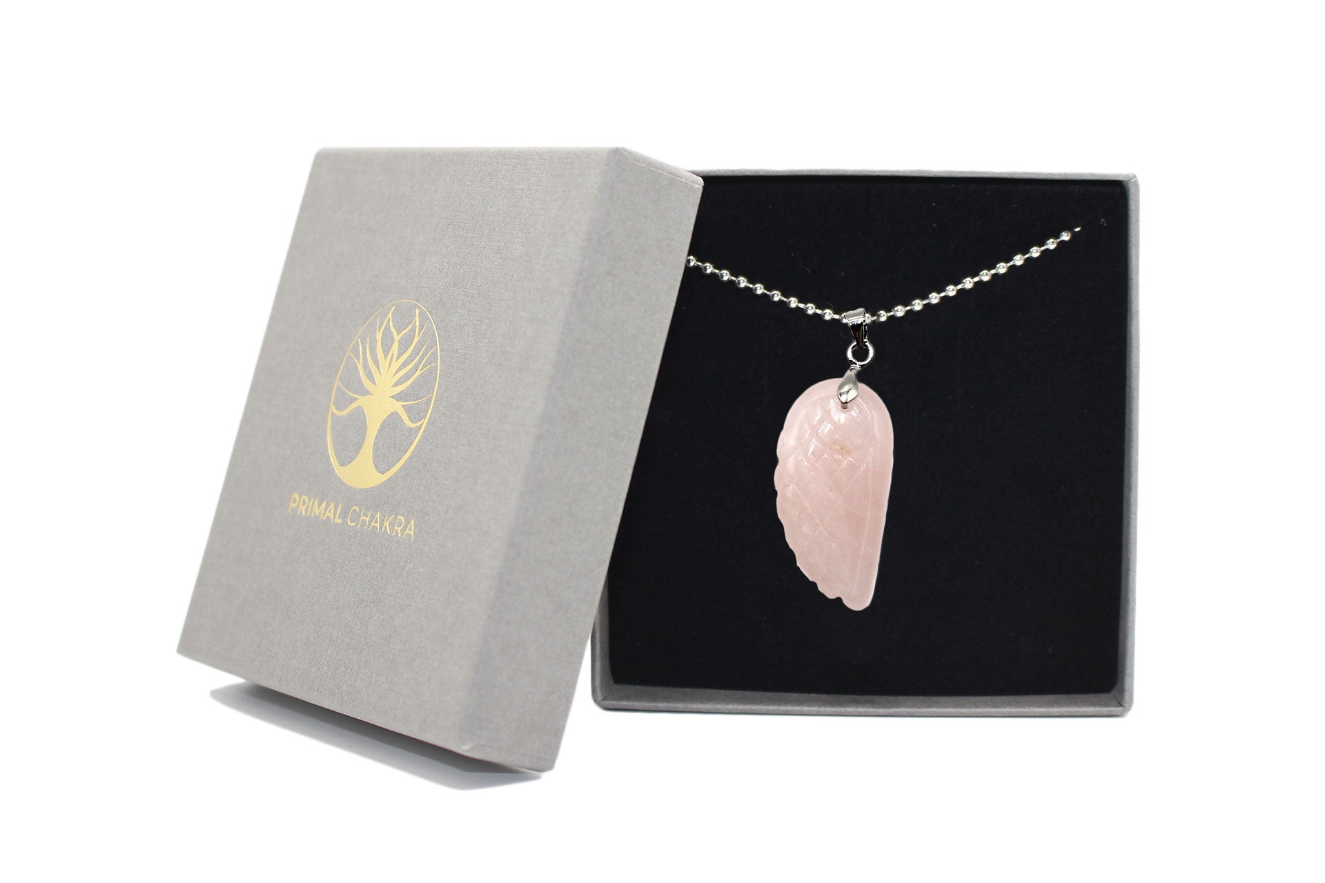 Rose Quartz Angel Wing Pendant with a Silver Chain Primal Chakra