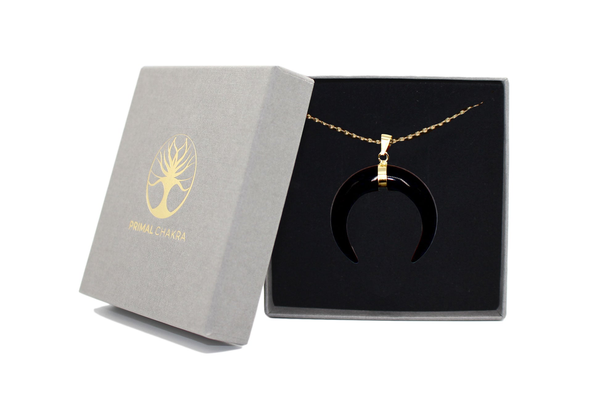 Black Agate Eclipse Moon Pendant with a Gold Chain Primal Chakra