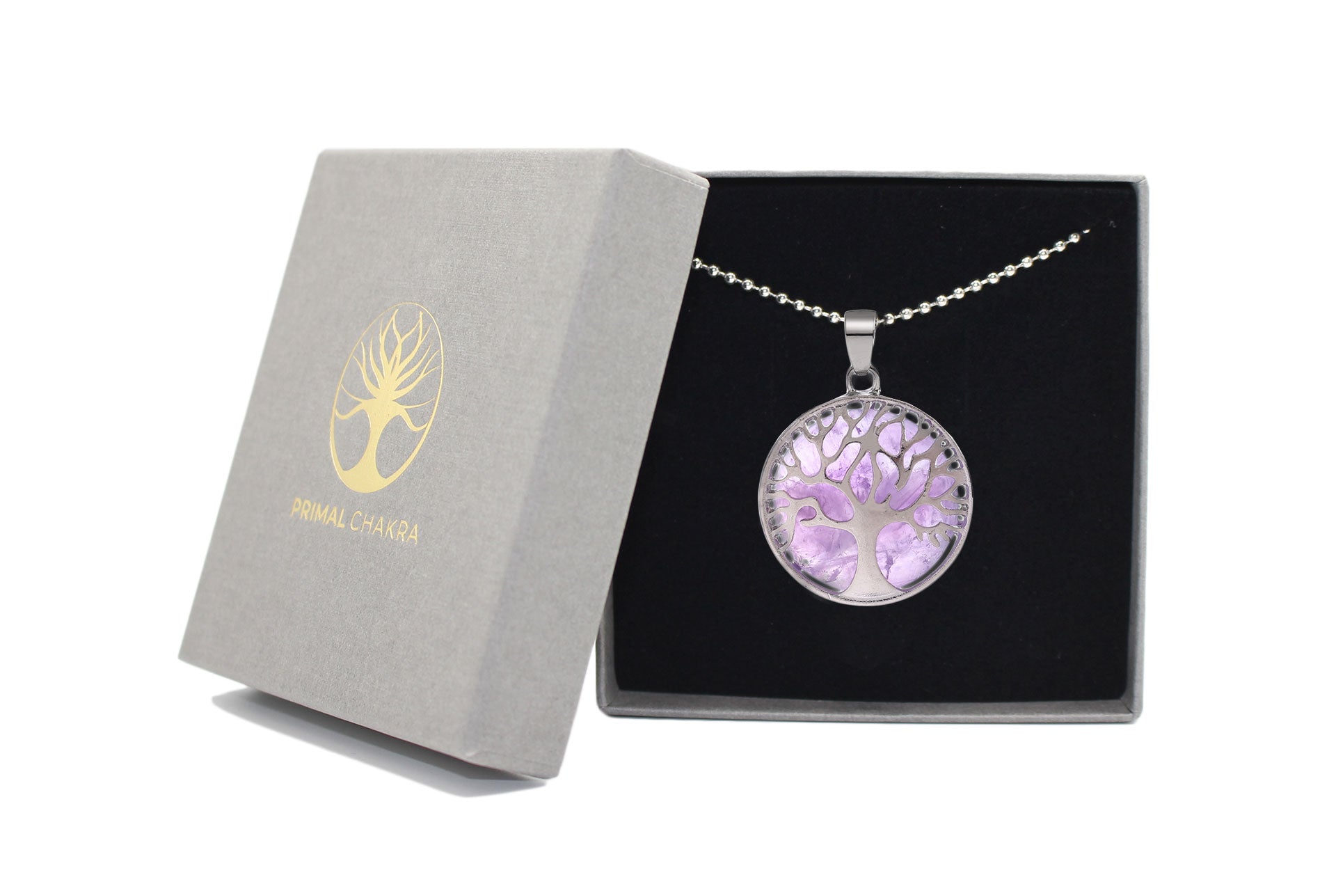Amethyst Round Tree Of Life Pendant with Silver Chain Primal Chakra