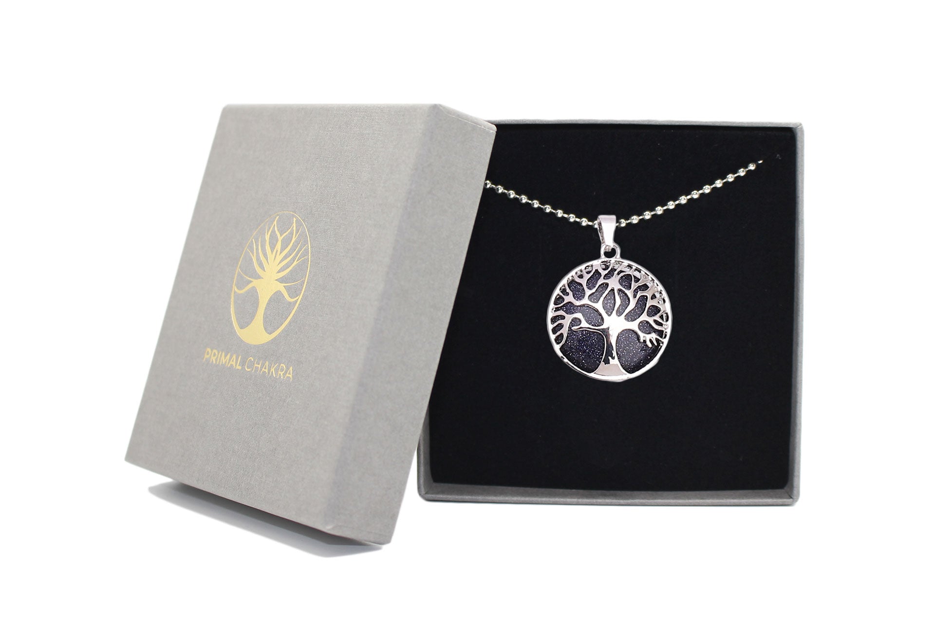 Blue Goldstone Round Tree Of Life Pendant with Silver Chain Primal Chakra