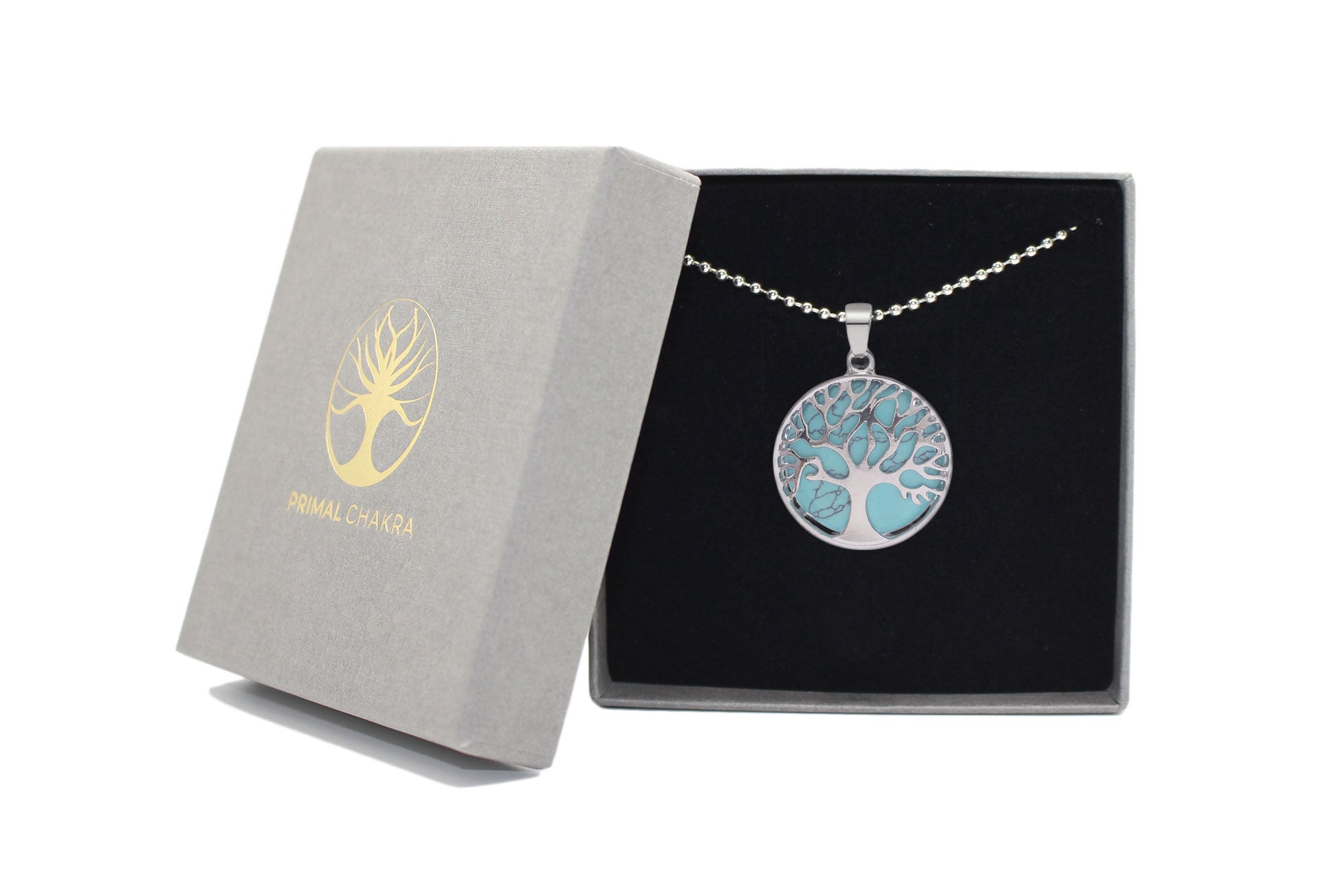Blue Turquoise Round Tree Of Life Pendant with Silver Chain Primal Chakra