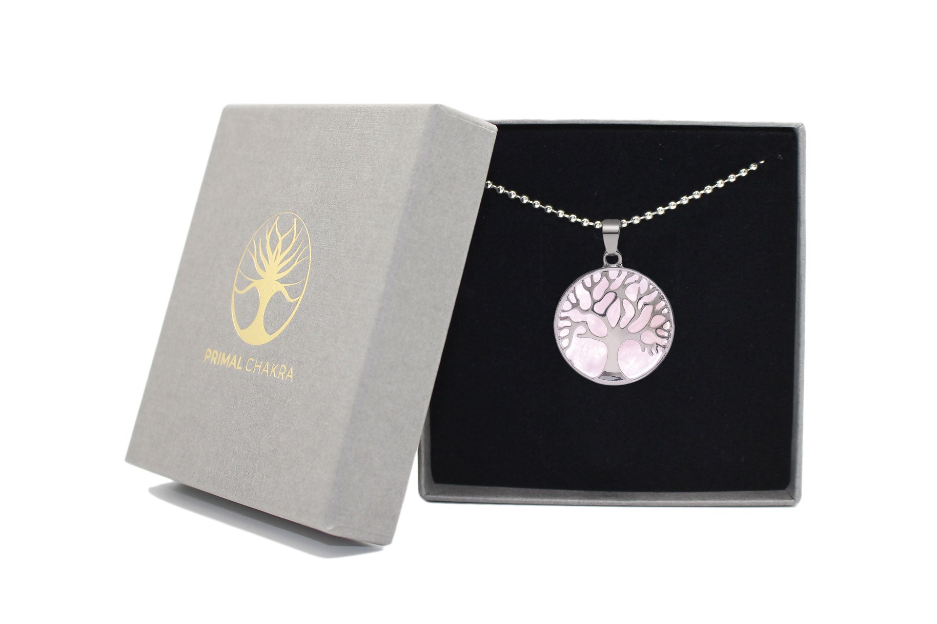 Rose Quartz Round Tree Of Life Pendant with Silver Chain Primal Chakra