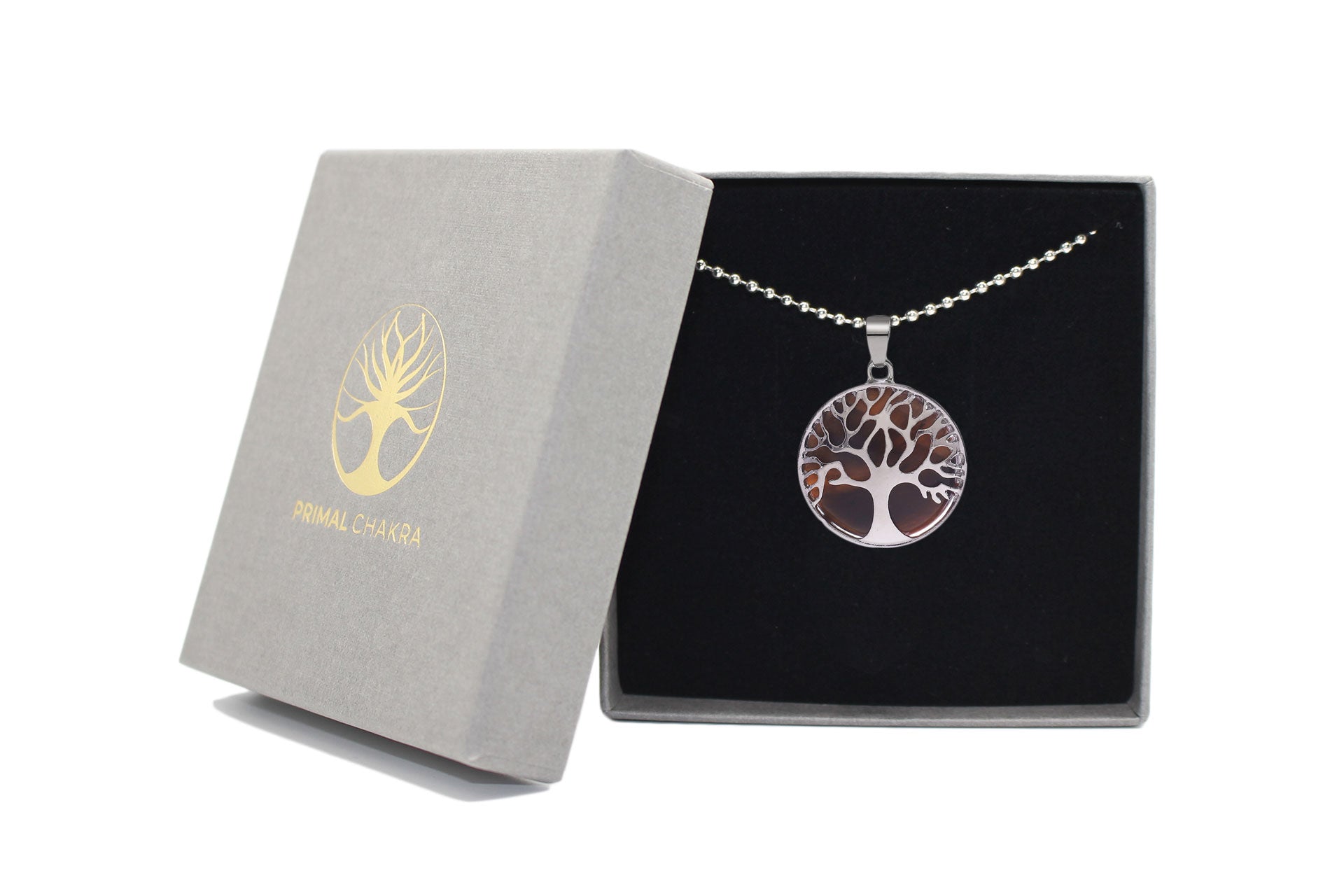 Tiger Eye Round Tree Of Life Pendant with Silver Chain Primal Chakra