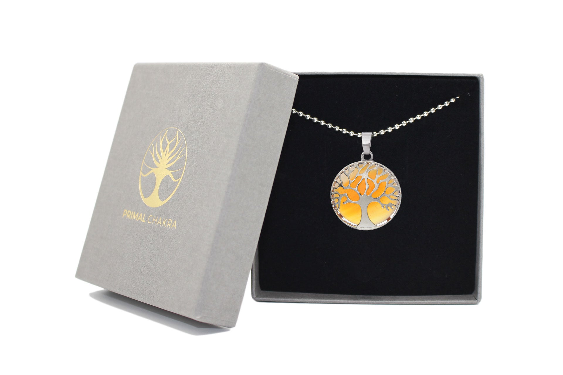 Yellow Agate Round Tree Of Life Pendant with Silver Chain Primal Chakra