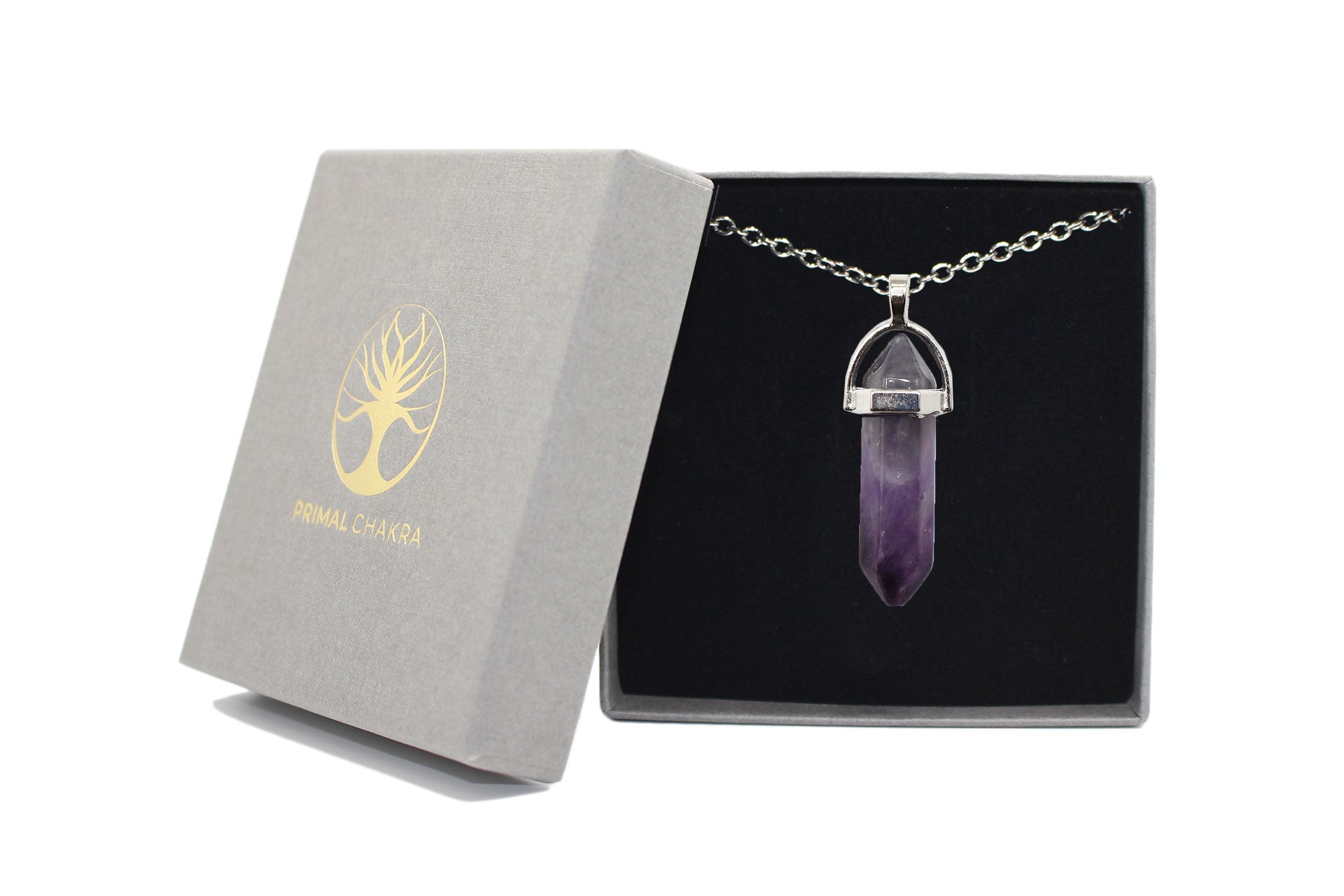 Amethyst Contemporary Dagger Pendant with a Silver Chain Primal Chakra
