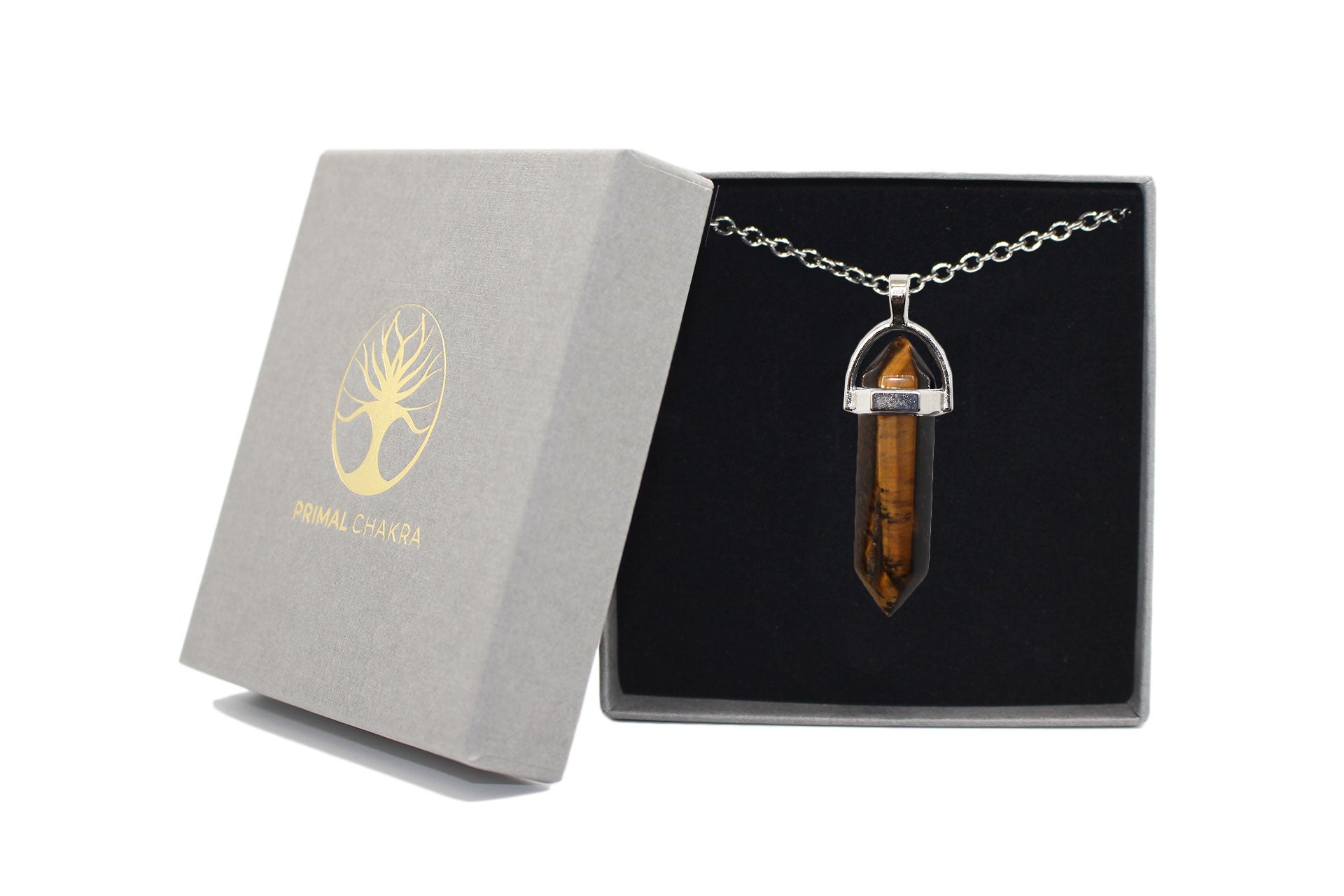 Tiger Eye Contemporary Dagger Pendant with a Silver Chain Primal Chakra