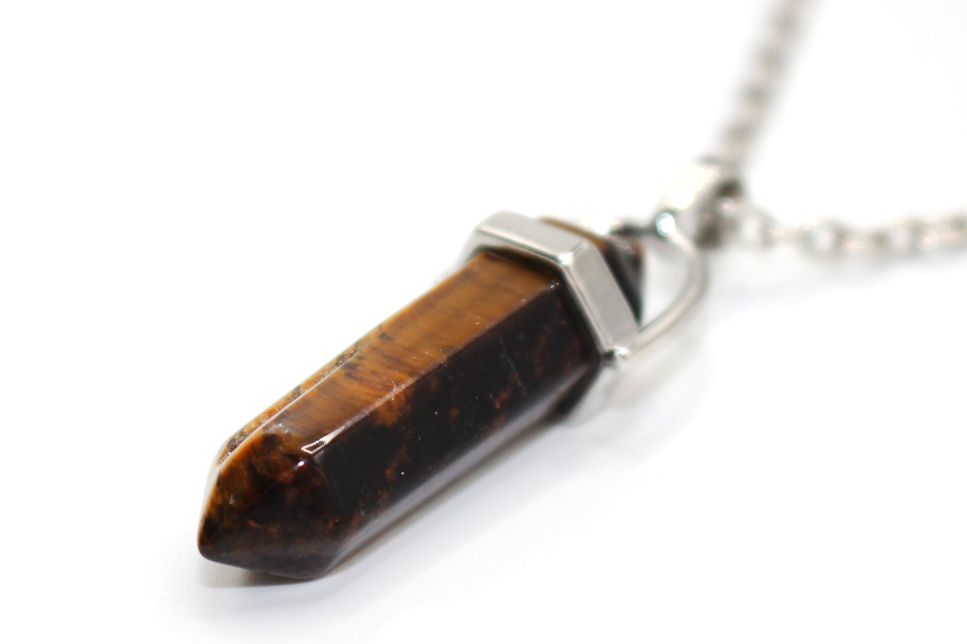 Tiger Eye Contemporary Dagger Pendant with a Silver Chain Primal Chakra