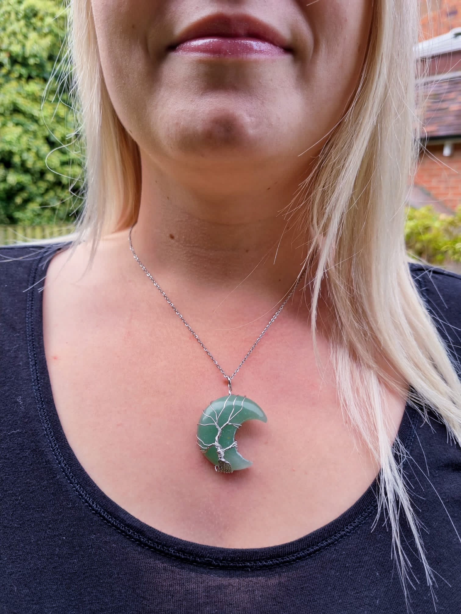 Green Aventurine Crystal Crescent Moon Pendant with Silver Chain Primal Chakra