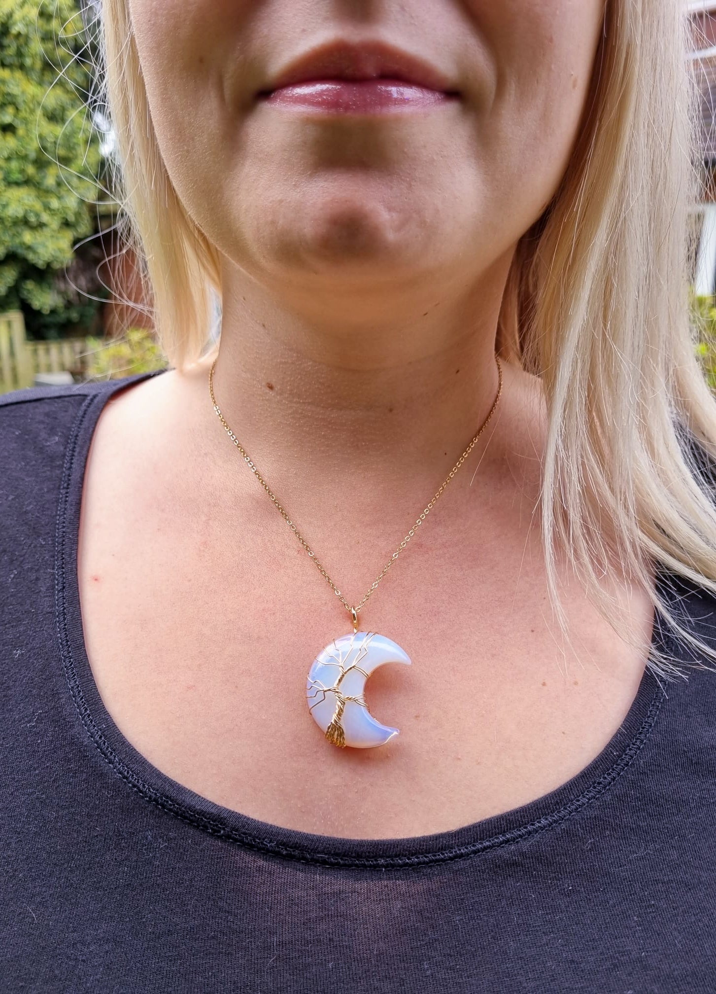 Opal Crystal Crescent Moon Pendant with Gold Chain Primal Chakra