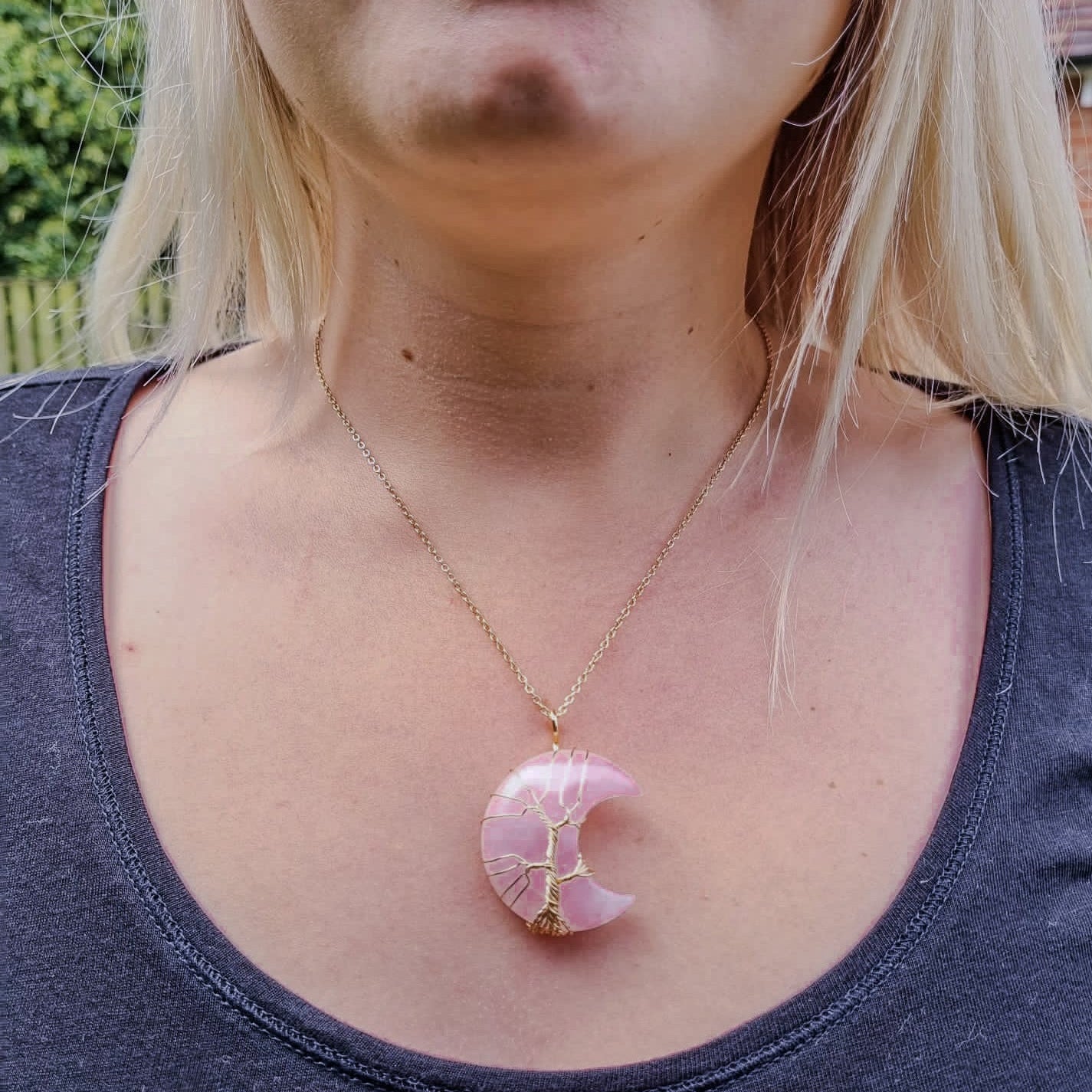 Rose Quartz Crystal Crescent Moon Pendant with Gold Chain Primal Chakra