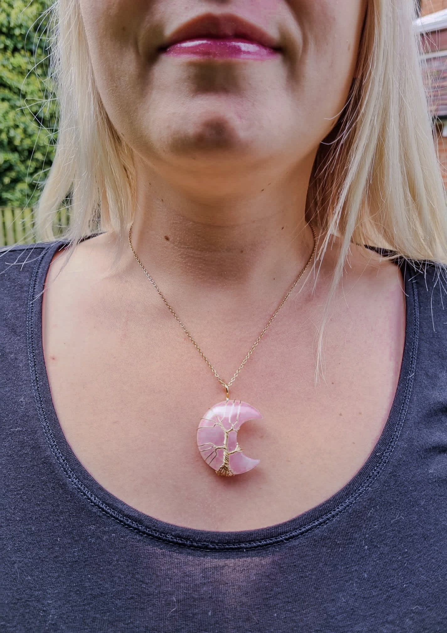 Rose Quartz Crystal Crescent Moon Pendant with Gold Chain Primal Chakra