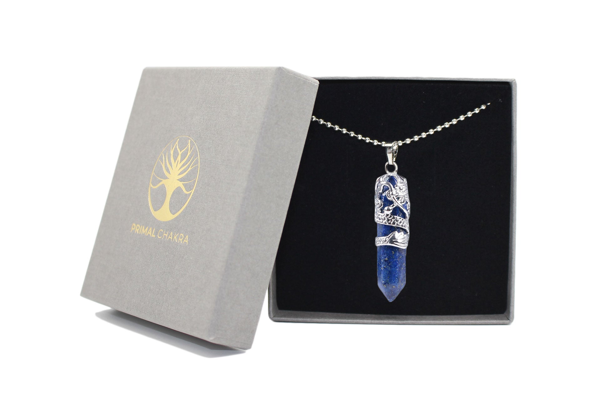 Lapis Lazuli Crystal Dagger Pendant with Silver Chain Primal Chakra