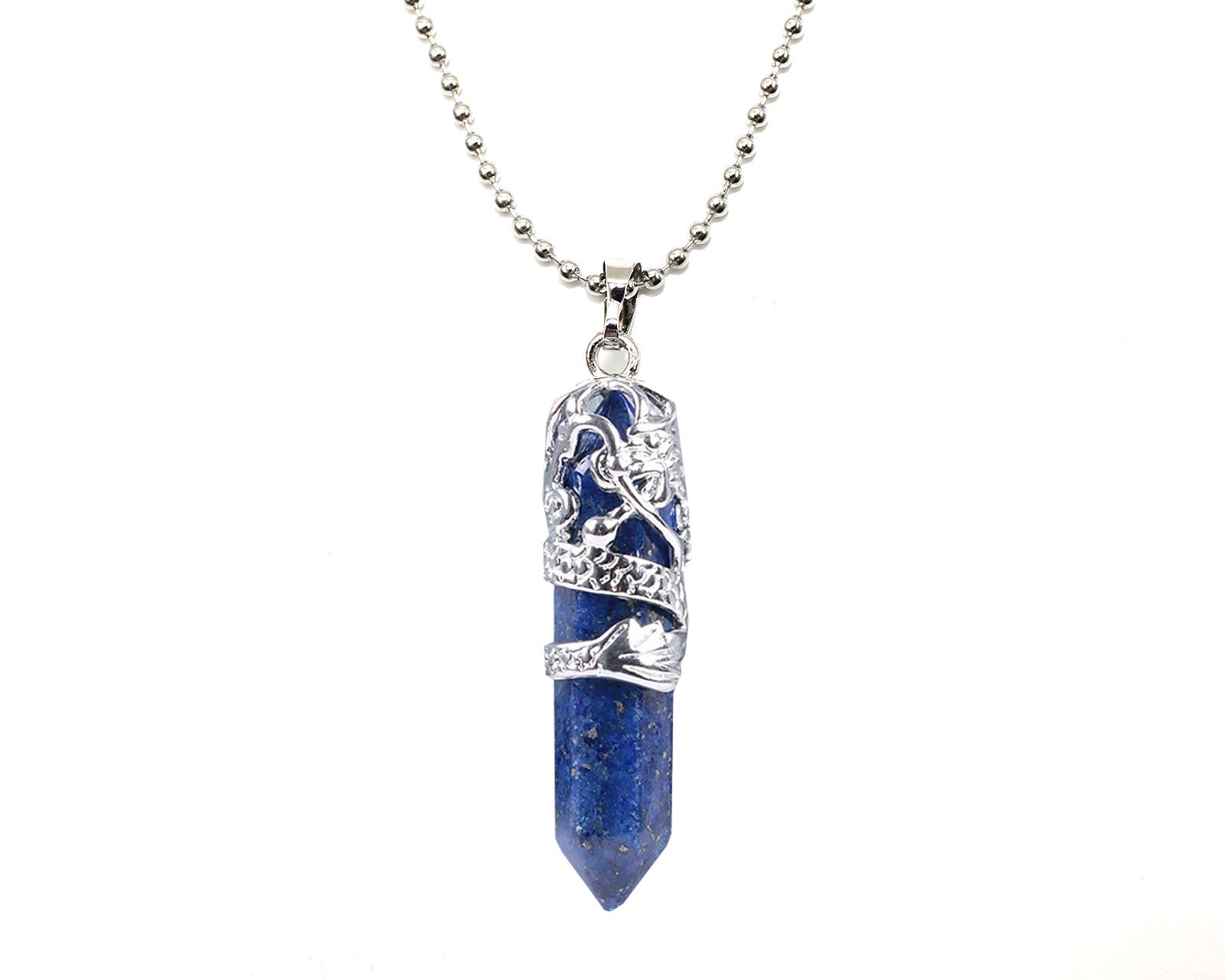 Lapis Lazuli Crystal Dagger Pendant with Silver Chain Primal Chakra