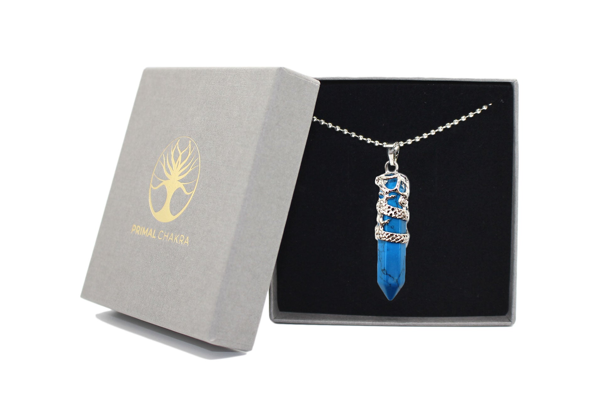 Blue Howlite Crystal Dagger Pendant with Silver Chain Primal Chakra
