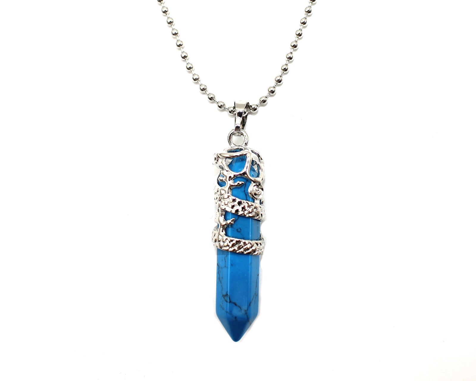 Blue Howlite Crystal Dagger Pendant with Silver Chain Primal Chakra