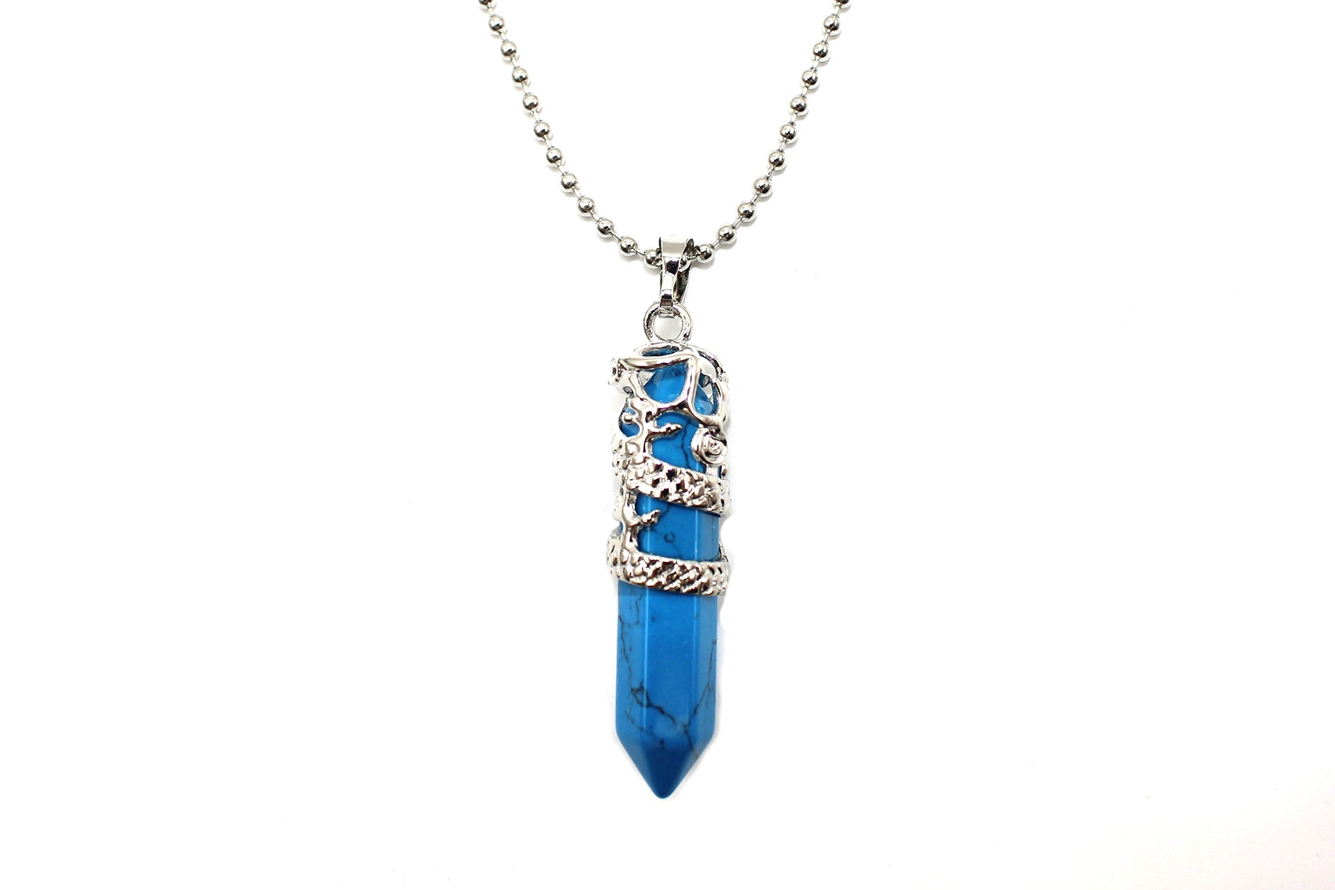 Blue Howlite Crystal Dagger Pendant with Silver Chain Primal Chakra