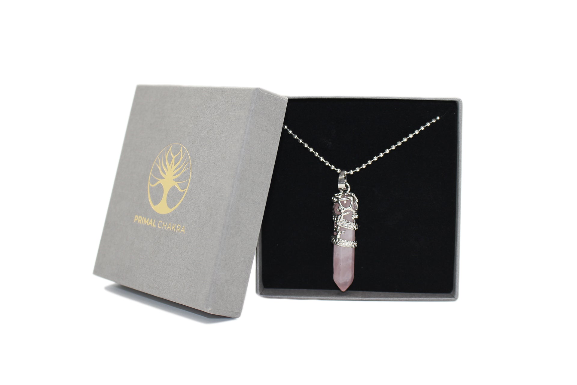 Rose Quartz Crystal Dagger Pendant with Silver Chain Primal Chakra