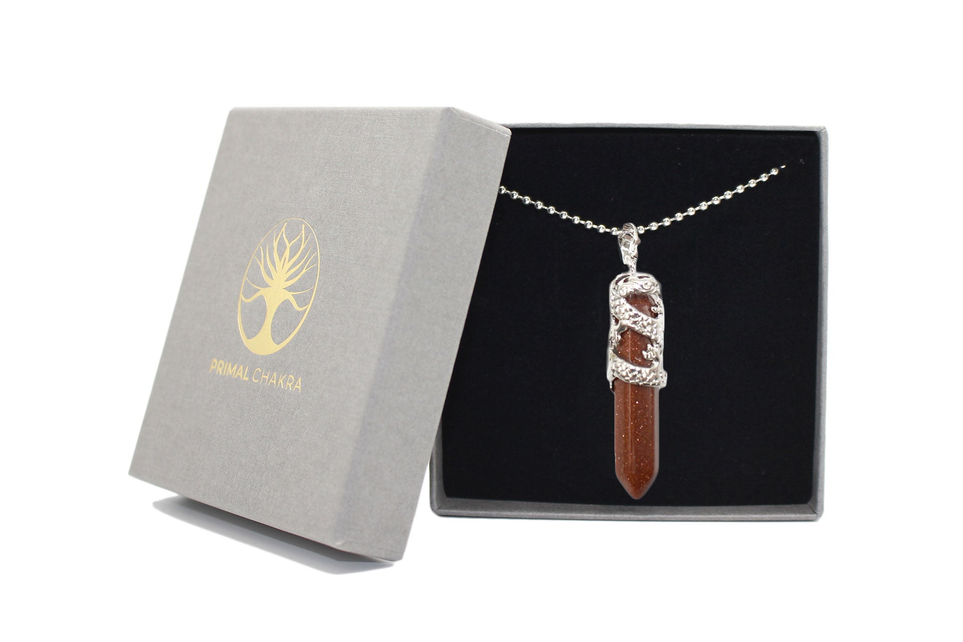 Brown Goldstone Crystal Dagger Pendant with Silver Chain Primal Chakra