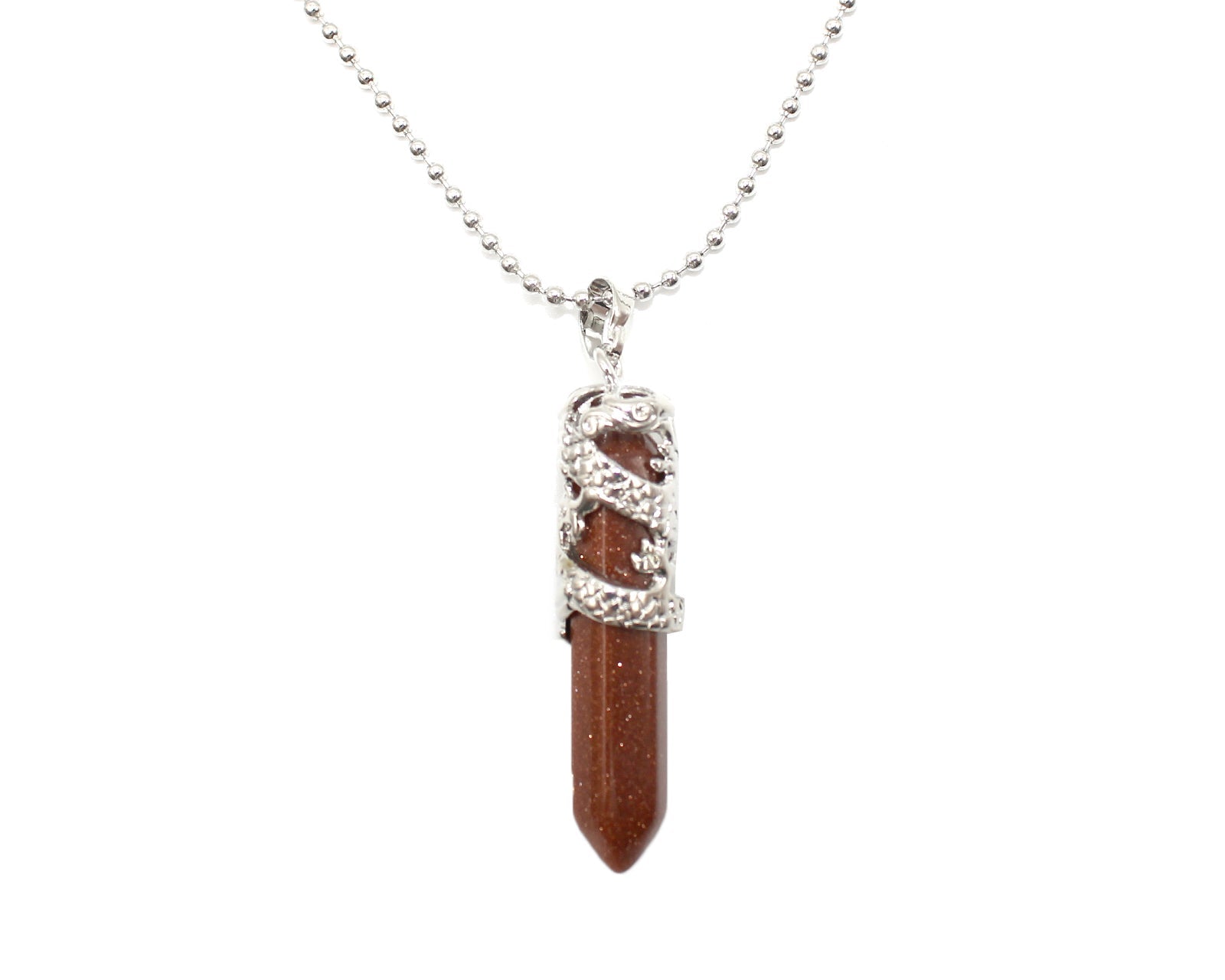 Brown Goldstone Crystal Dagger Pendant with Silver Chain Primal Chakra