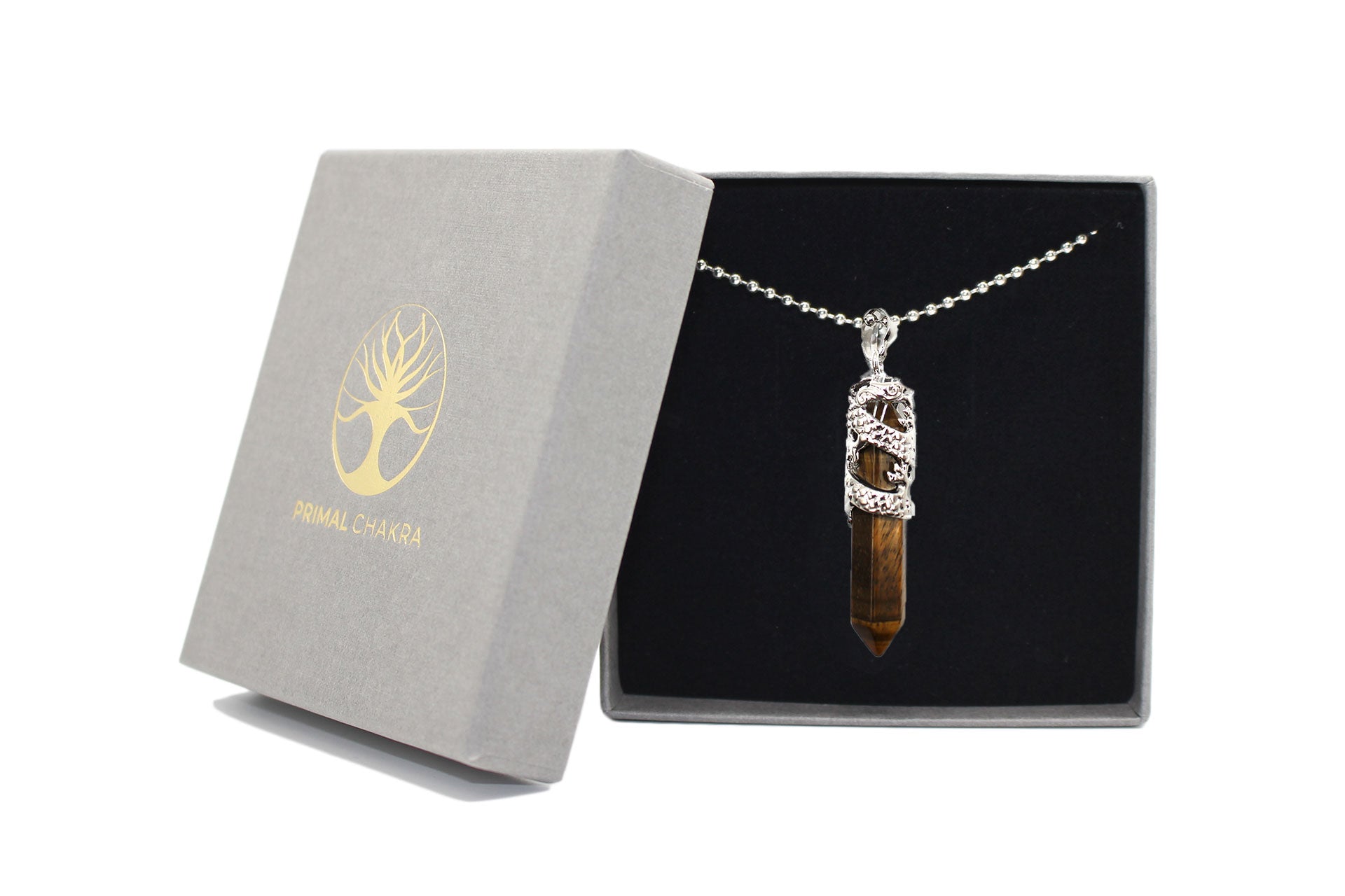 Tiger Eye Crystal Dagger Pendant with Silver Chain Primal Chakra